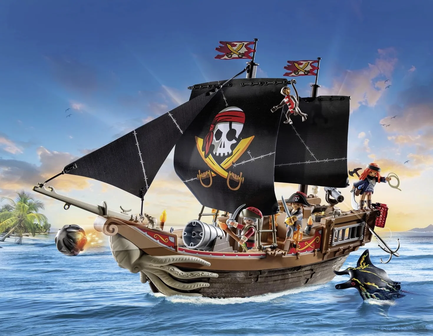 PLAYMOBIL Pirates 71530 Duży statek piracki, bitwa morska i tajne poszukiwanie skarbów w głębinach morzach, w zestawie armaty, pociski i kotwica, odpowiednie dla dzieci od 4 roku życia