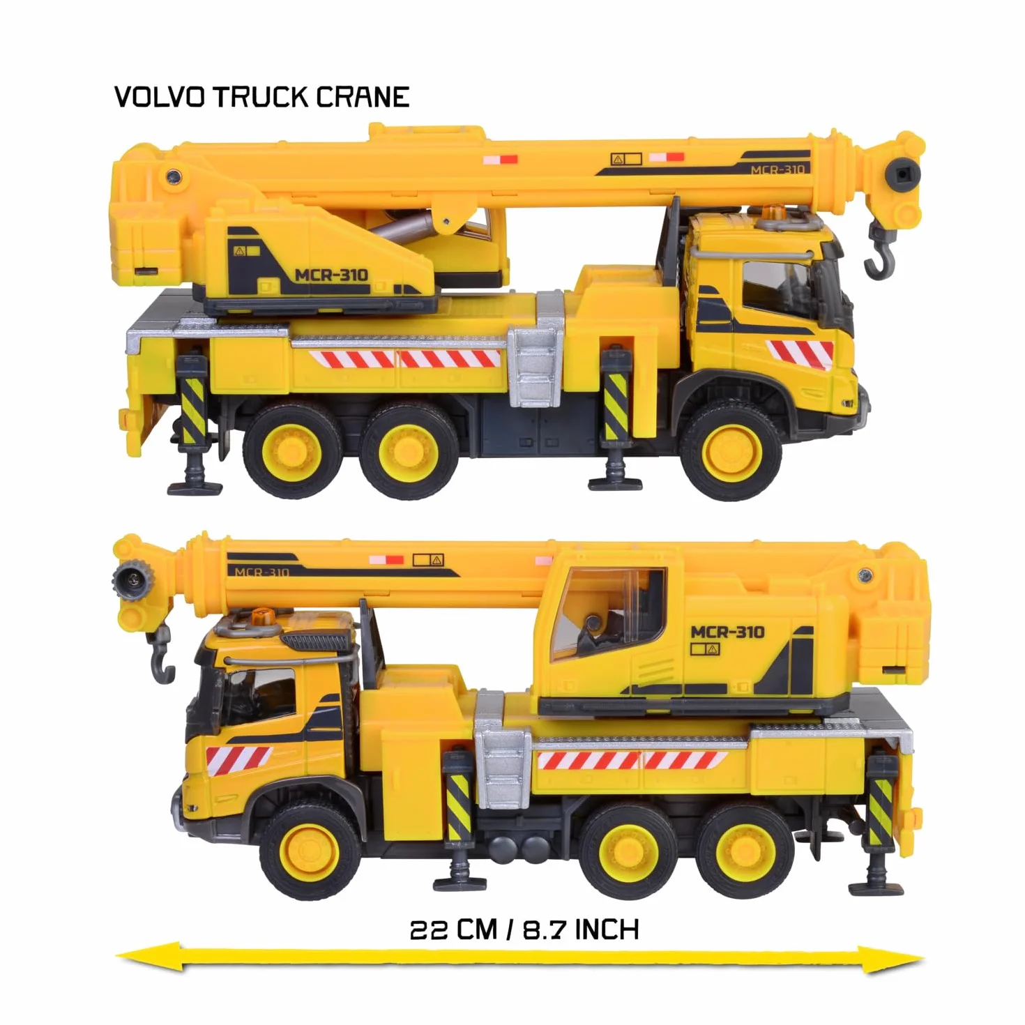 Majorette Wózek dźwigowy Volvo FMX Truck Crane (22 cm) – duży pojazd budowlany z wysuwanym ramieniem dźwigowym, wciągarką linową, wolnym biegiem i gumowymi oponami, zabawka dla dzieci od 3 lat