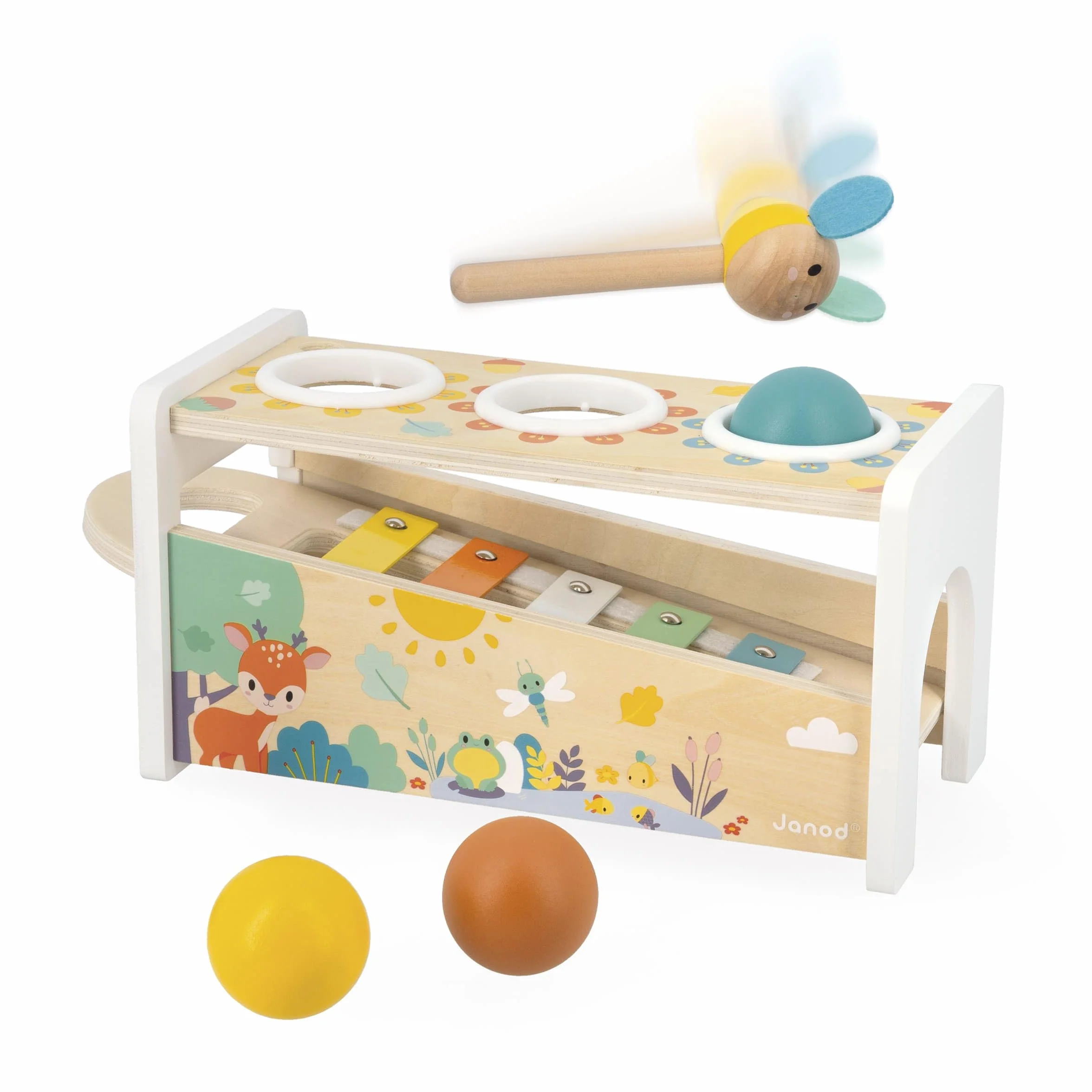 Janod Tap Tap Xylo Pure 2-in-1 Baby Musical Instrument - Awakening and Educational Game - Wooden Toy with 3 Balls + Hammer + Xylophone - From 12 Months Old, J05155