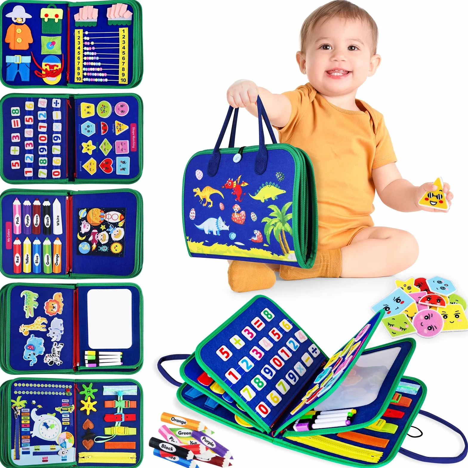 Busy Board Montessori zabawka edukacyjna dla dzieci 1, 2, 3, 4 lata, 10 w 1, zabawki edukacyjne, zabawki rozwojowe, zabawki podróżne dla dzieci, prezent dla chłopca, dziewczynki, niebieska