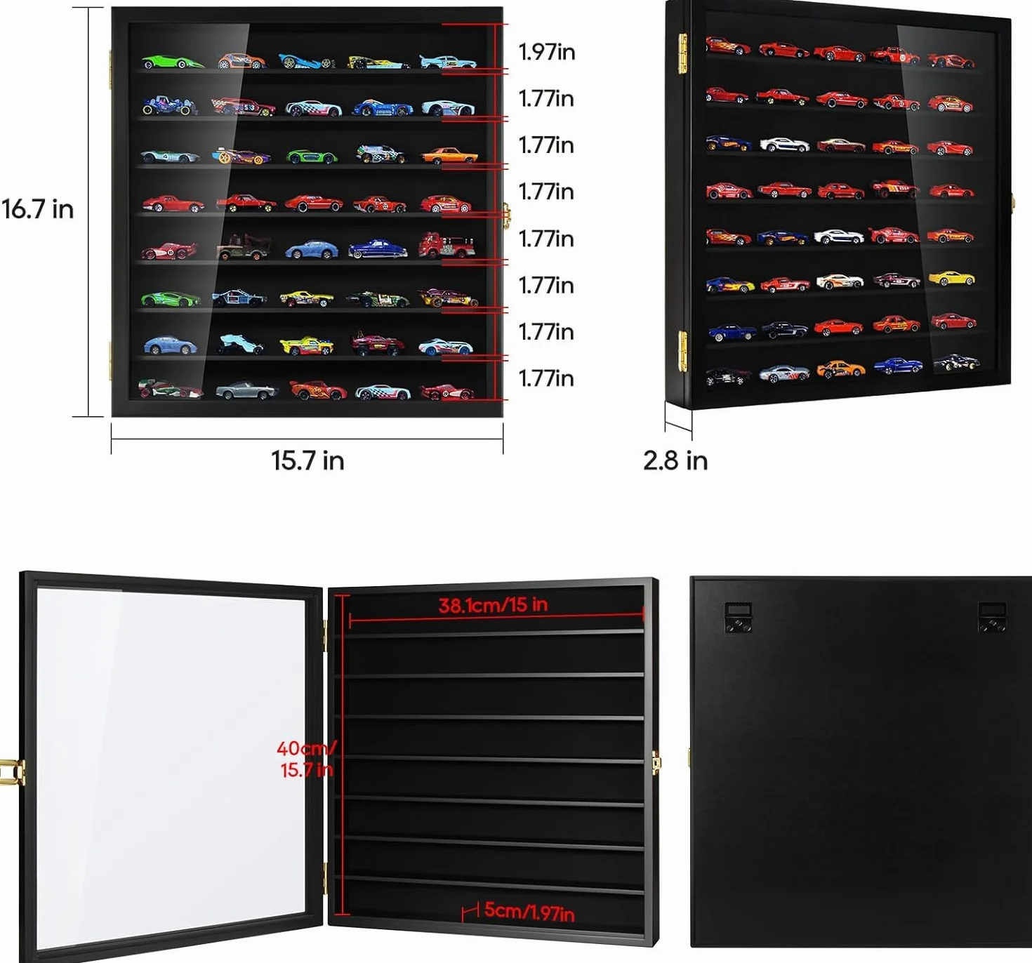 TJ.MOREE Model Car Display Case 1/64 Scale Diecast Wall-Mounted for Mini Toys and Small Wheels, Black