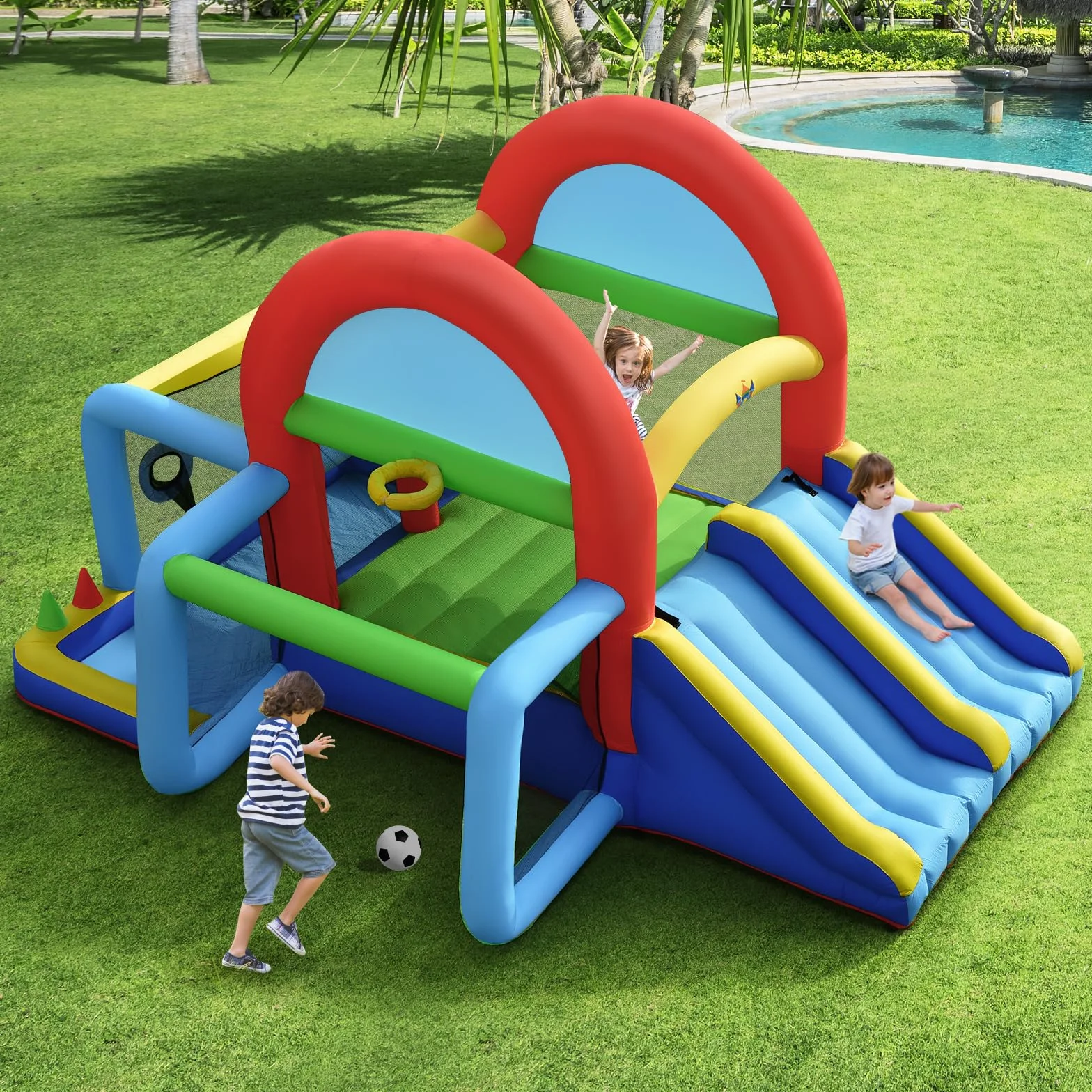LIFEZEAL Dmuchany zamek, nadmuchiwany dom 8 w 1 dla dzieci z podwójną zjeżdżalnią, strefa trampoliny, bramka do piłki nożnej, duży wielofunkcyjny park dla dzieci (ze zdmuchą)