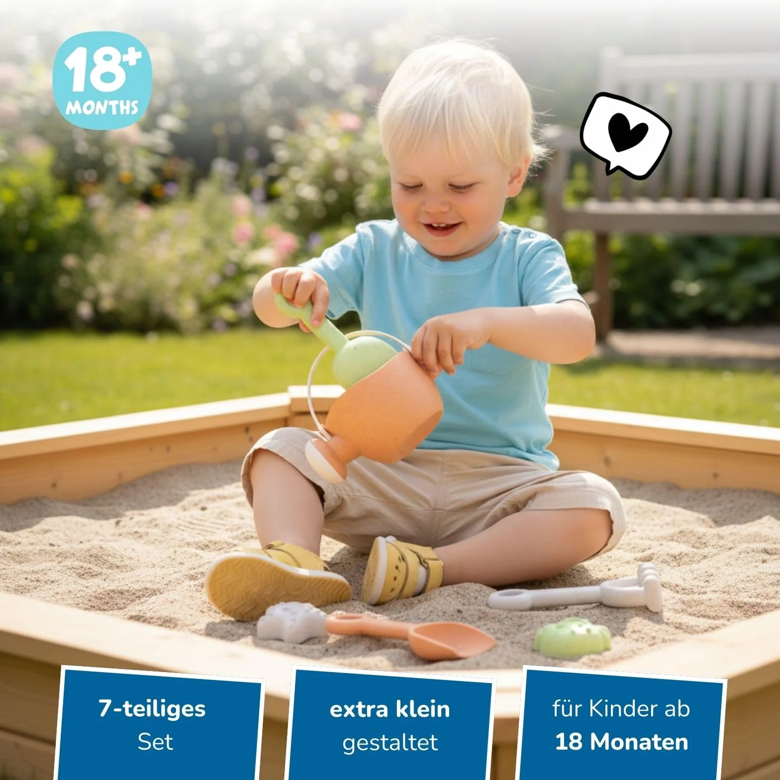alldoro 60176 Moja pierwsza zabawka do piasku, 7-częściowa, zabawka plażowa z konewką, szufla, grabie, łyżka i 3 foremki do piasku, zestaw wiaderek z 7 elementami z mieszanki słomy pszenicznej, dzieci od 18 miesięcy