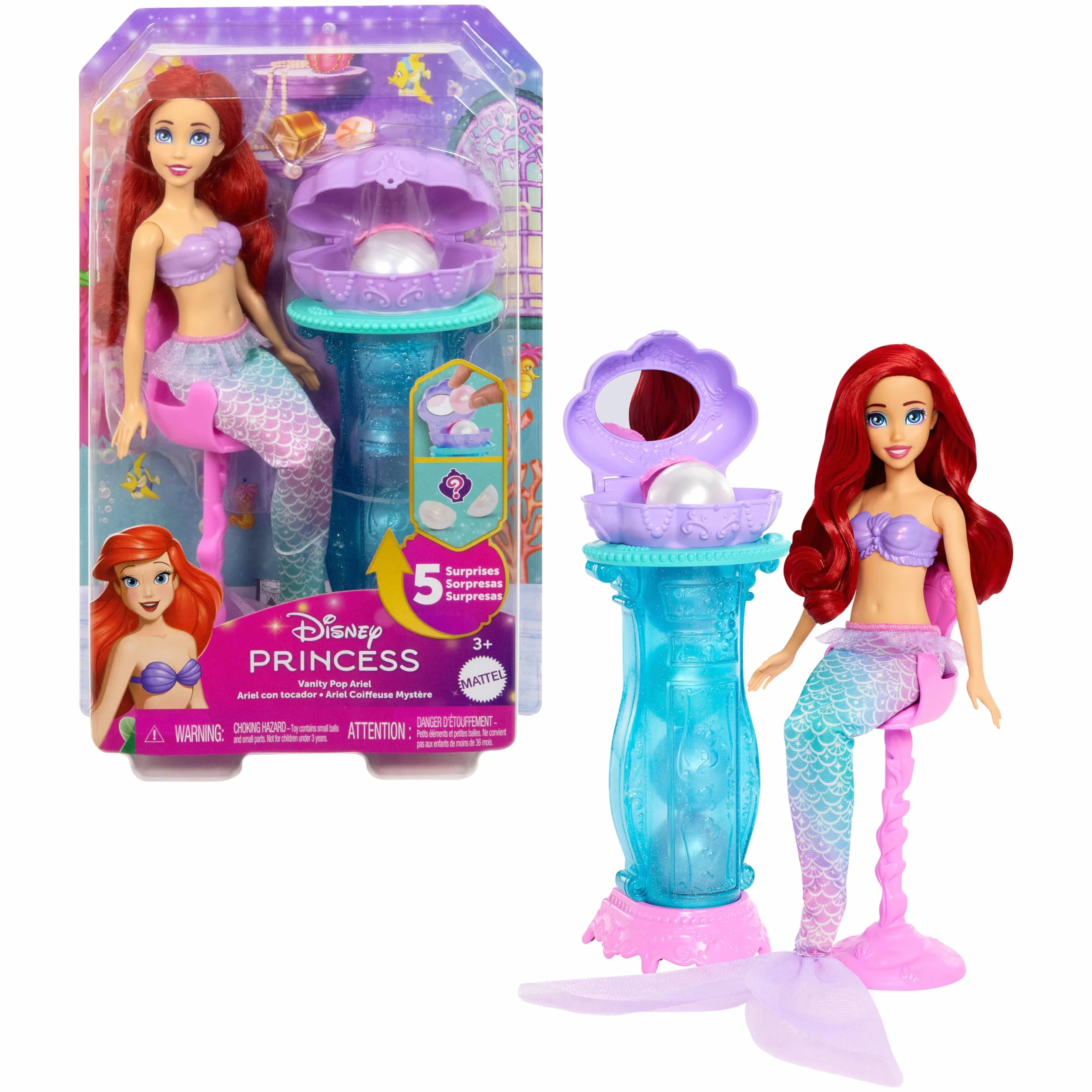 Mattel Księżniczka Disneya Arielka Muszelkowa toaletka Zestaw, lalka syrenka ze zdejmowanym ogonem, toaletka i 5 „perełek” z niespodziankami, JBF86