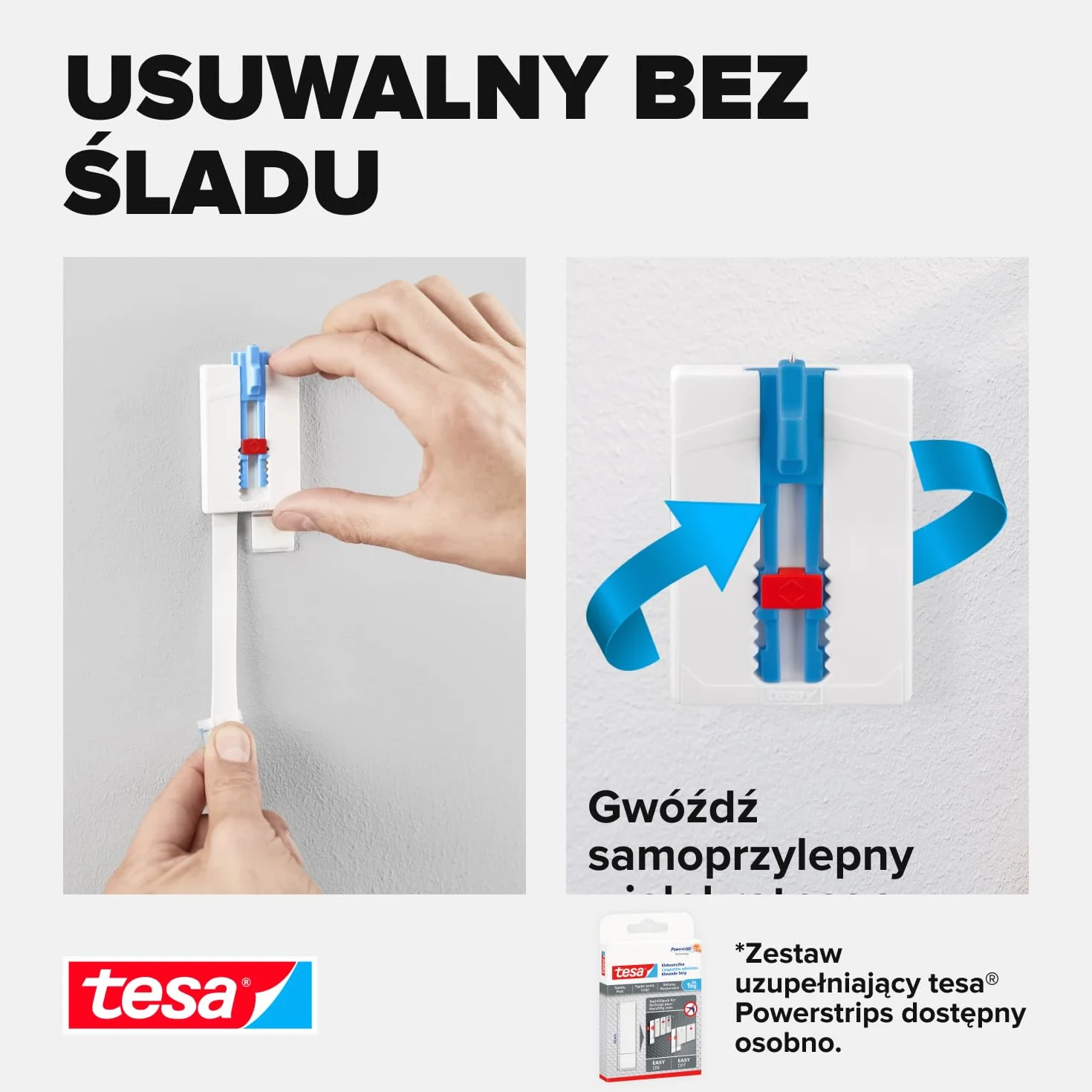 Tesa Gwóźdź samoprzylepny, tapety i tynk, 3 sztuki, regulacja wysokości, samoprzylepny gwóźdź – idealny do płótna i blejtramu – udźwig 2 kg/gwoździe – nie pozostawia śladów po usunięciu, 3 x 2 gwoździe