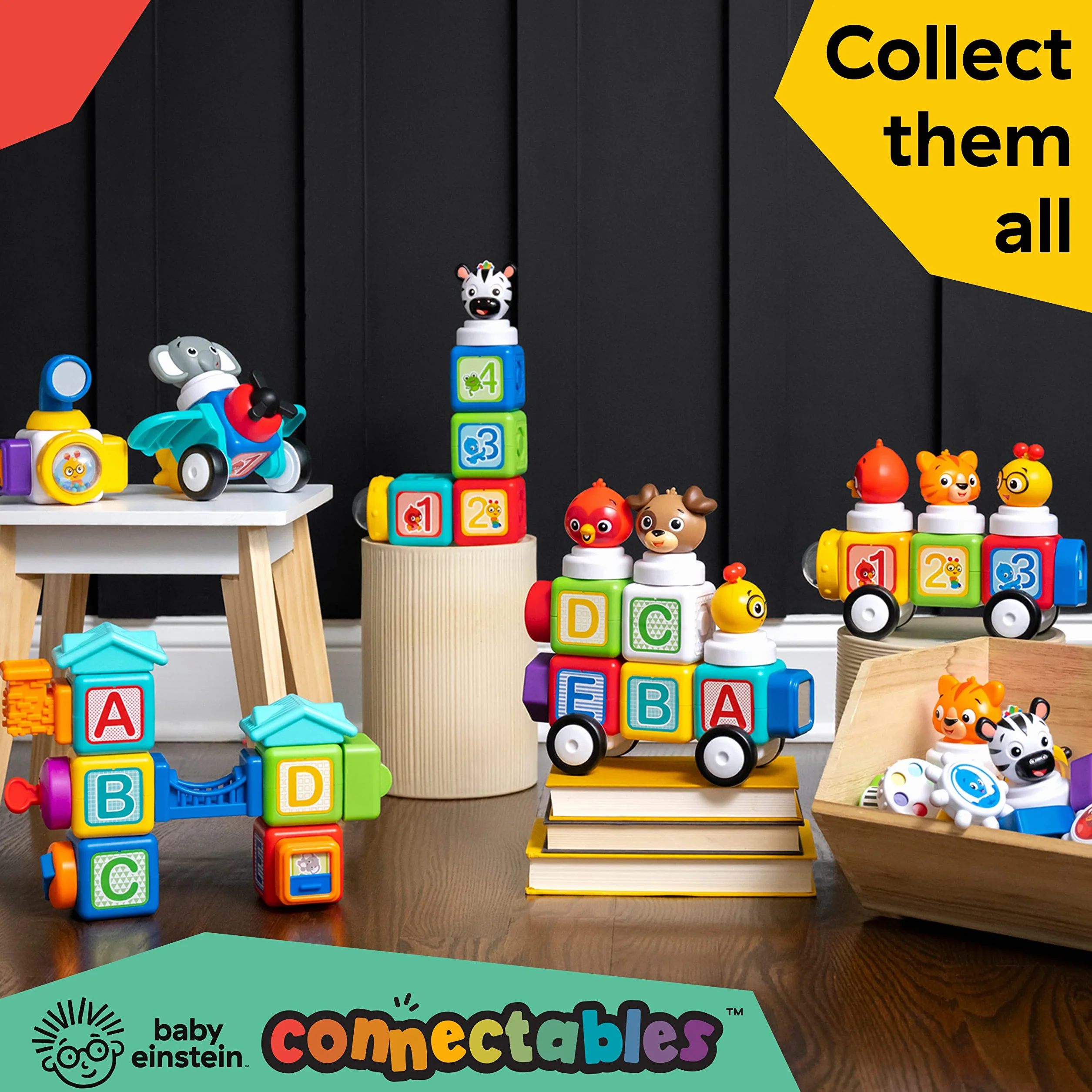 Baby Einstein Connectables Add & Stack Montessori magnetyczne bloki aktywności, w wieku od 6 miesięcy (6 sztuk), wielokolorowe, 16657