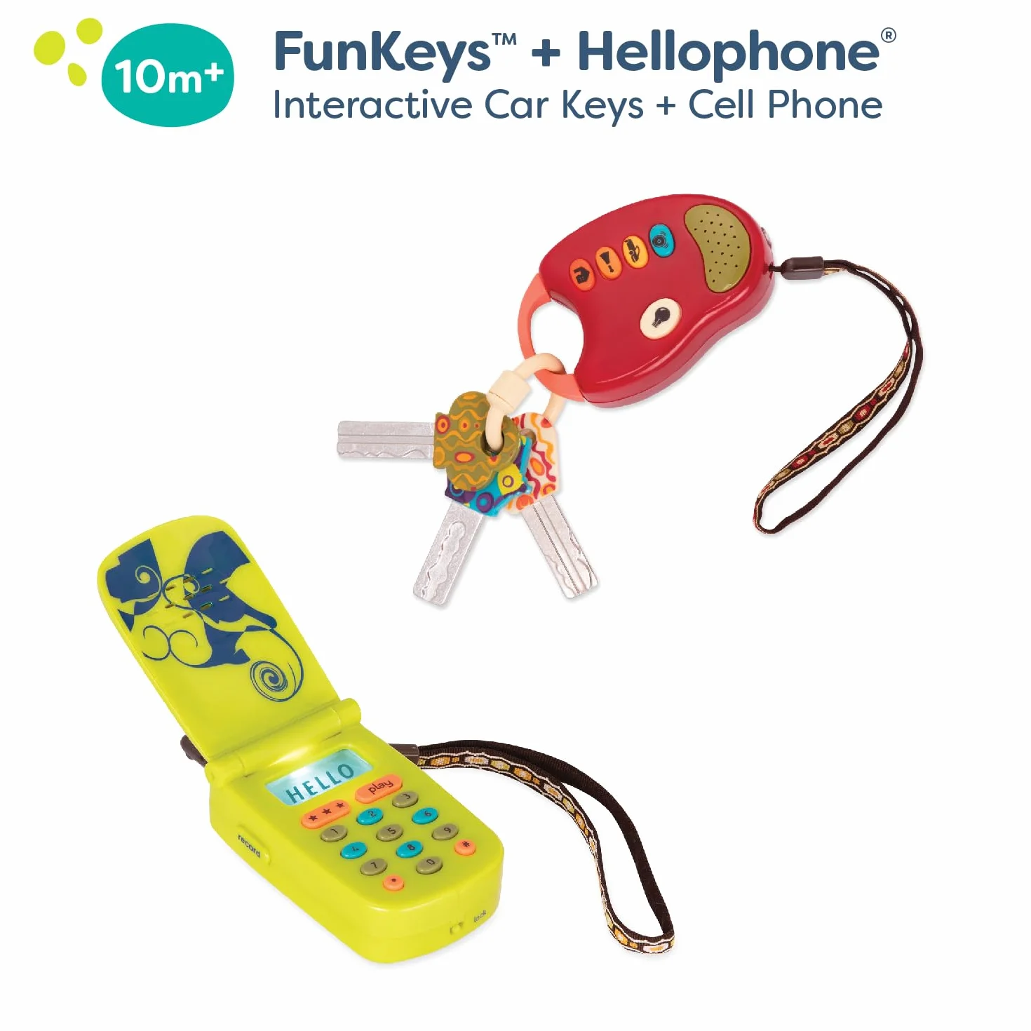 B. toys BX2367Z Cellphone samochodowy – 2 szt. sensory Bundle – developmental Toy for Babies, Toddlers – Red Keys & Green Play Phone – 10 miesięcy + – FunKeys + Hellophone, Multi
