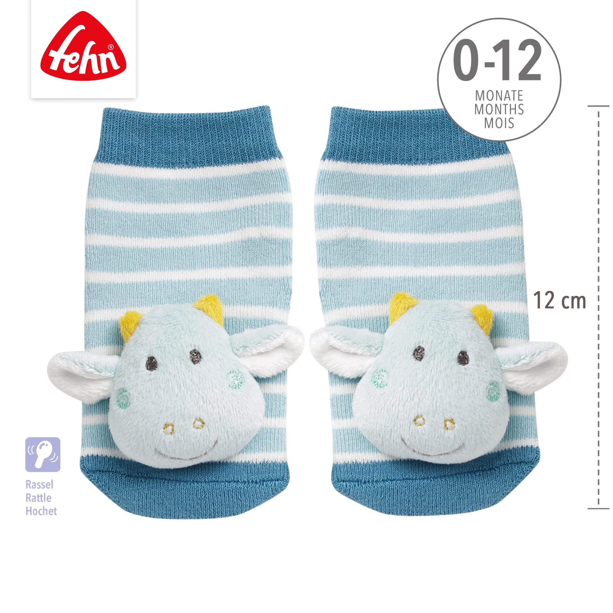 Fehn Rasselsöckchen Drache/Activity-Babysöckchen mit niedlichen Tier-Köpfchen zum Greifen, Rasseln, Strampeln & Geräusche erzeugen, Lernspielzeug für Babys von 0-12 Monaten, Einheitsgröße