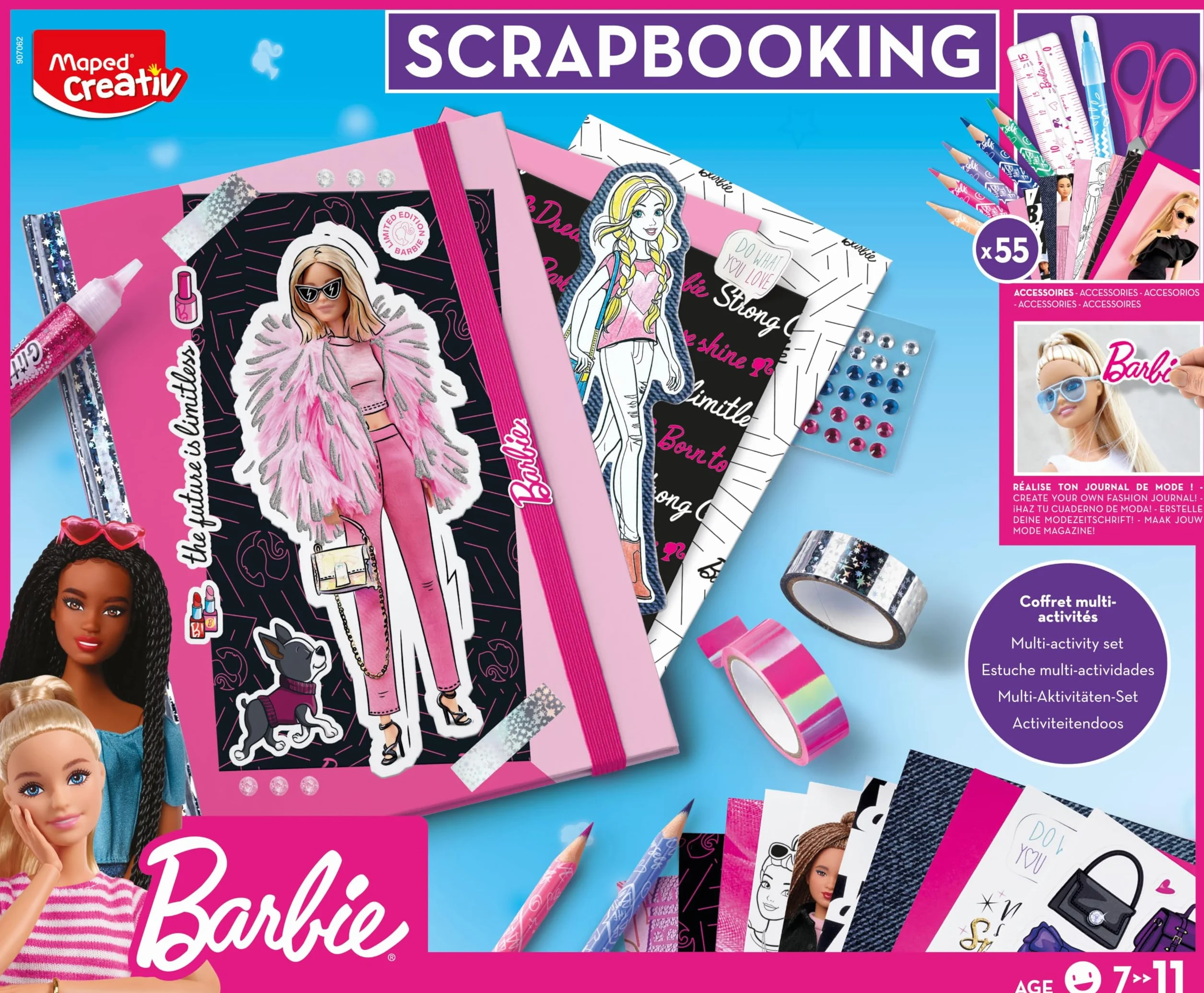 Maped Creativ Barbie Scrapbooking dla dzieci, zestaw 55 akcesoriów, arkusze i notatnik do personalizacji, od 7 lat