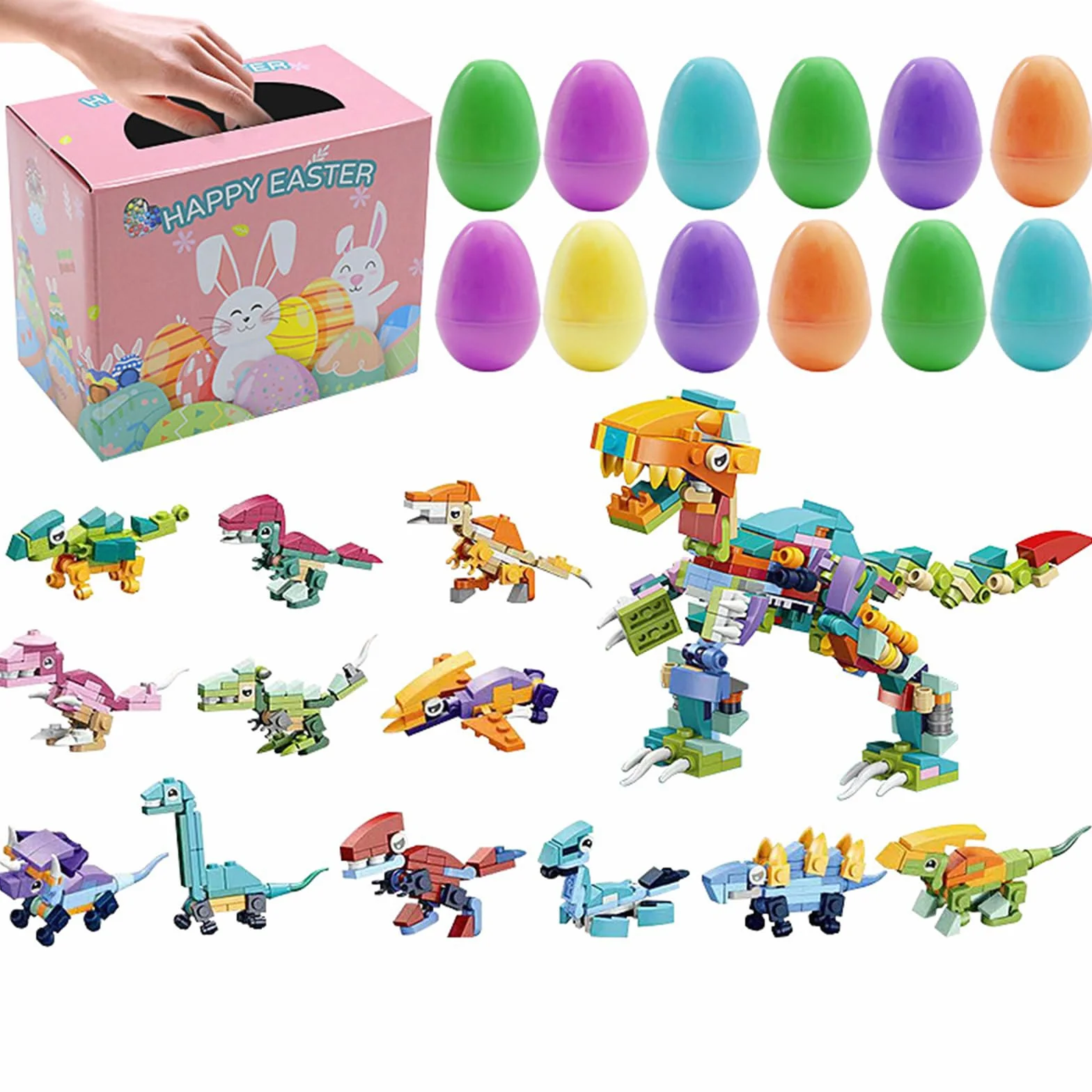 Zestaw 12 plastikowych jajek z klockami dinozaurów na wielkanocne kosze, zabawki edukacyjne, nagrody, niespodzianki na imprezy