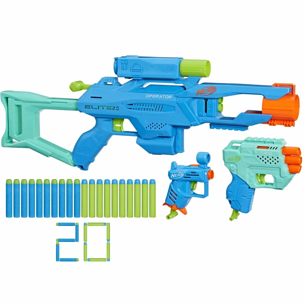 Nerf Elite 2.0 Zestaw taktyczny | 3 Wyrzutnie: Operator BD-2, Trio TD-3, mały blaster Ace SD-1, i 20 strzałek piankowych | Zabawka i pomysł na prezent dla dzieci od 8 lat | Zabawki outdoorowe