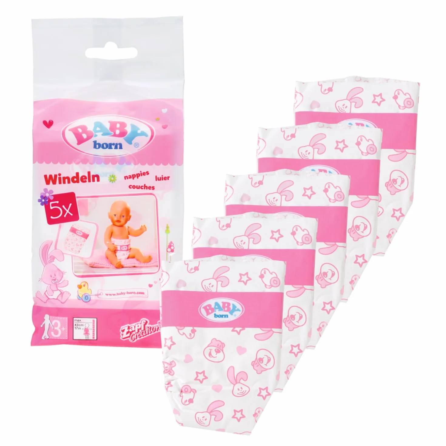 BABY born Pieluchy dla Lalki 43 cm - Przyjazne dla Małych Dłoni, Kreatywna Zabawka, która Promuje Empatię i Umiejętności Społeczne, dla Małych Dzieci od 3 Lat - Zawiera 5 Pieluch