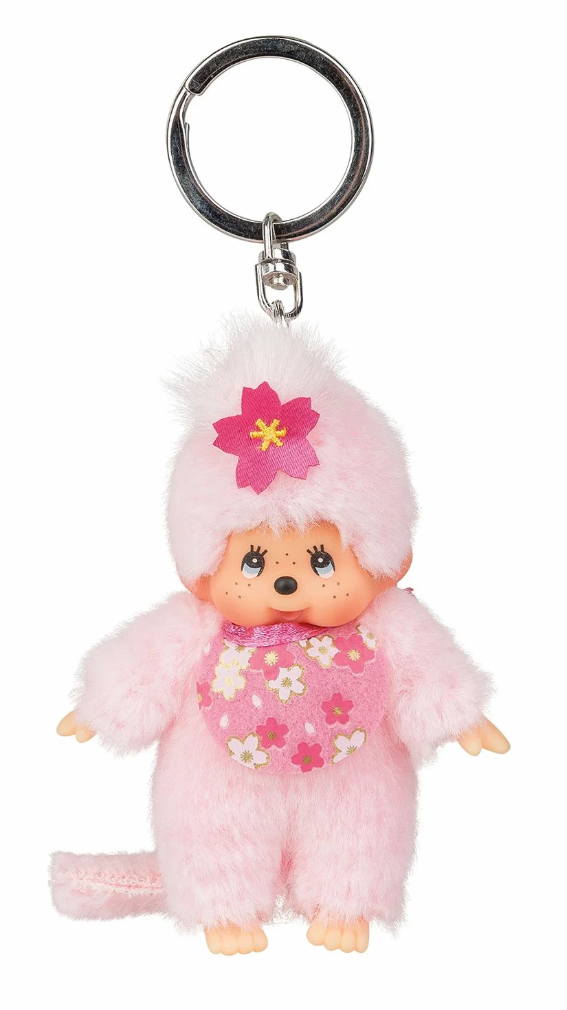 Sekiguchi 242467 - oryginalny Monchhichi dziewczęcy kwiat wiśni jako breloczek do kluczy, ok. 10 cm duży wisiorek z różowego pluszu do plecaków, toreb i teczek