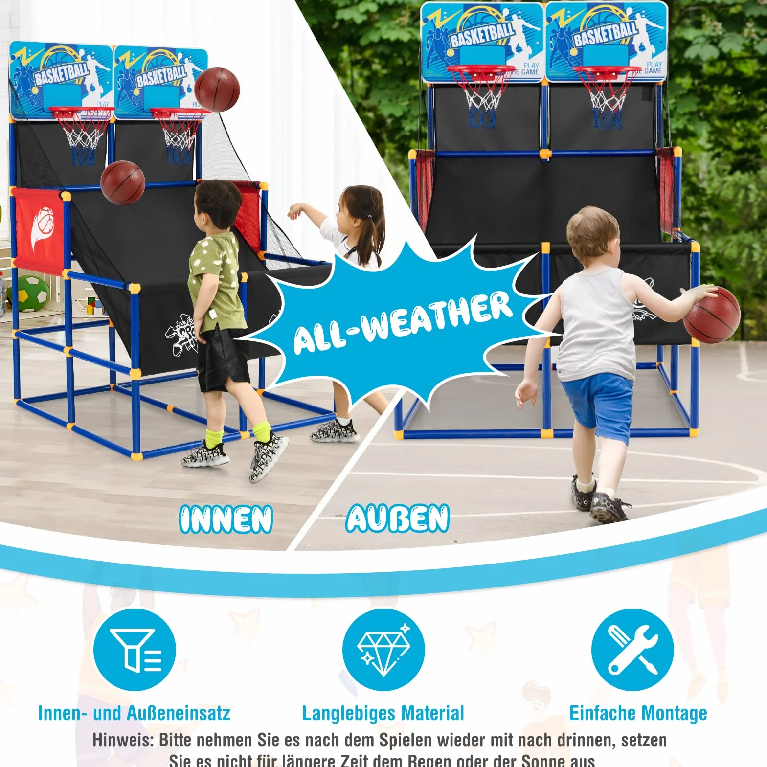 COSTWAY Zestaw Arcade do Gry w Koszykówkę, Stojak z 2 Koszami, 4 Piłkami i Pompką, Mini Kosz na Zewnątrz, Gra dla 2 Graczy, Obręcz dla Dzieci