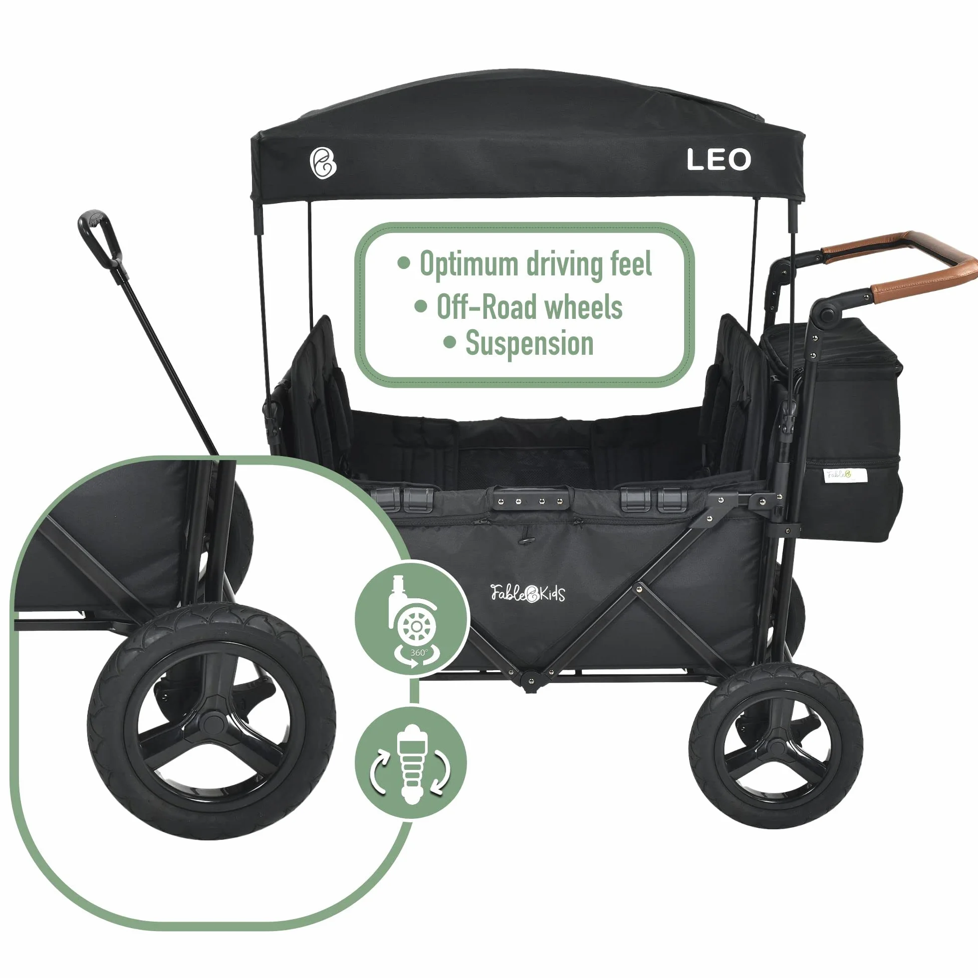 FableKids Leo X4 Plus Wózek na kółkach z dachem | Składany wózek transportowy | Uprząż 4X 5-punktowa | Koła terenowe 360° | Hamulec nożny | Oksford 600D | Siatki wentylacyjne | Czarny onyks