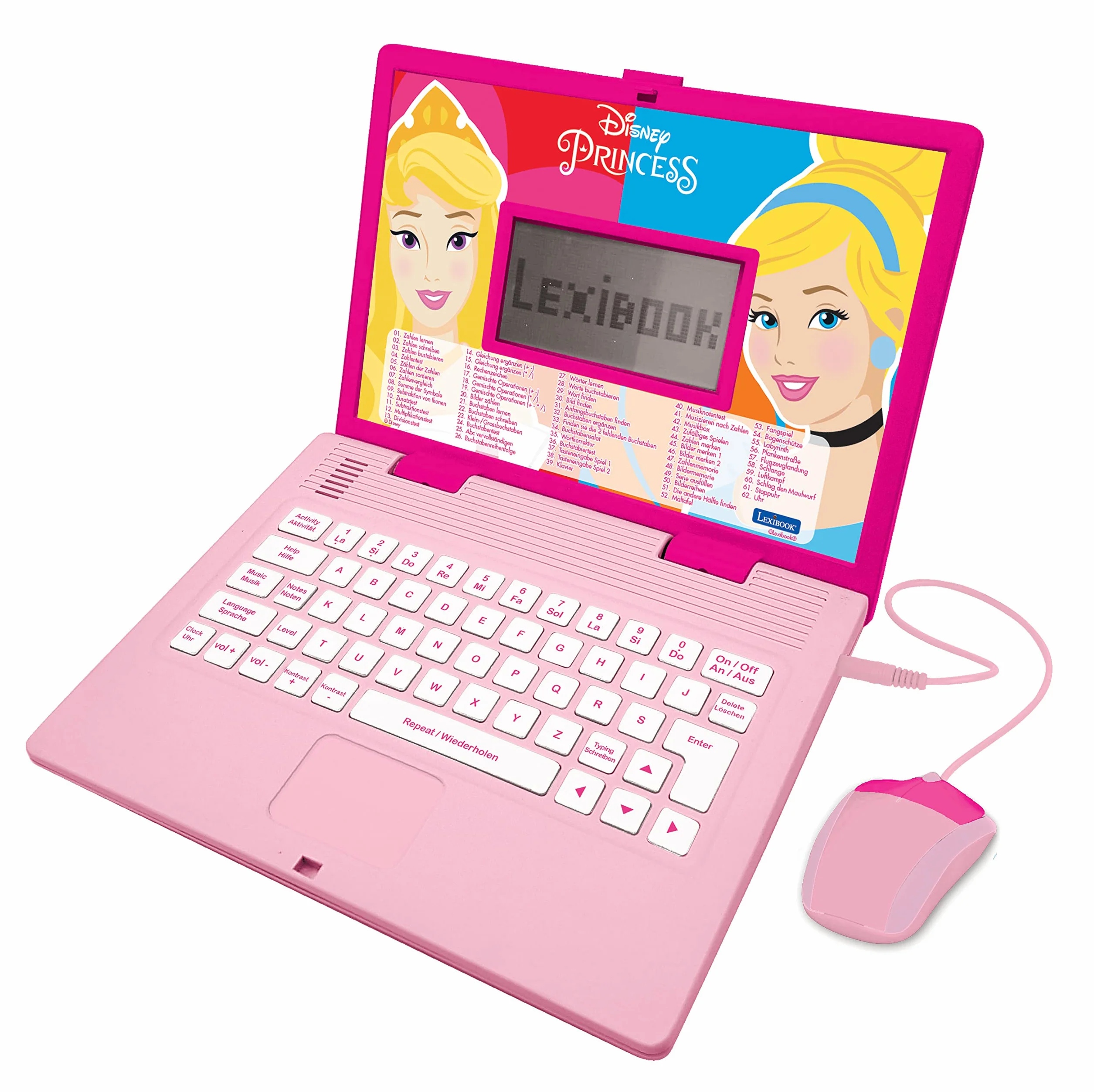 Lexibook, Disney Princess, edukacyjny i dwujęzyczny laptop, niemiecki/angielski, zabawka dla dziewcząt z 124 aktywnościami do nauki, grania w gry i muzykę, różowy, JC598DPi3