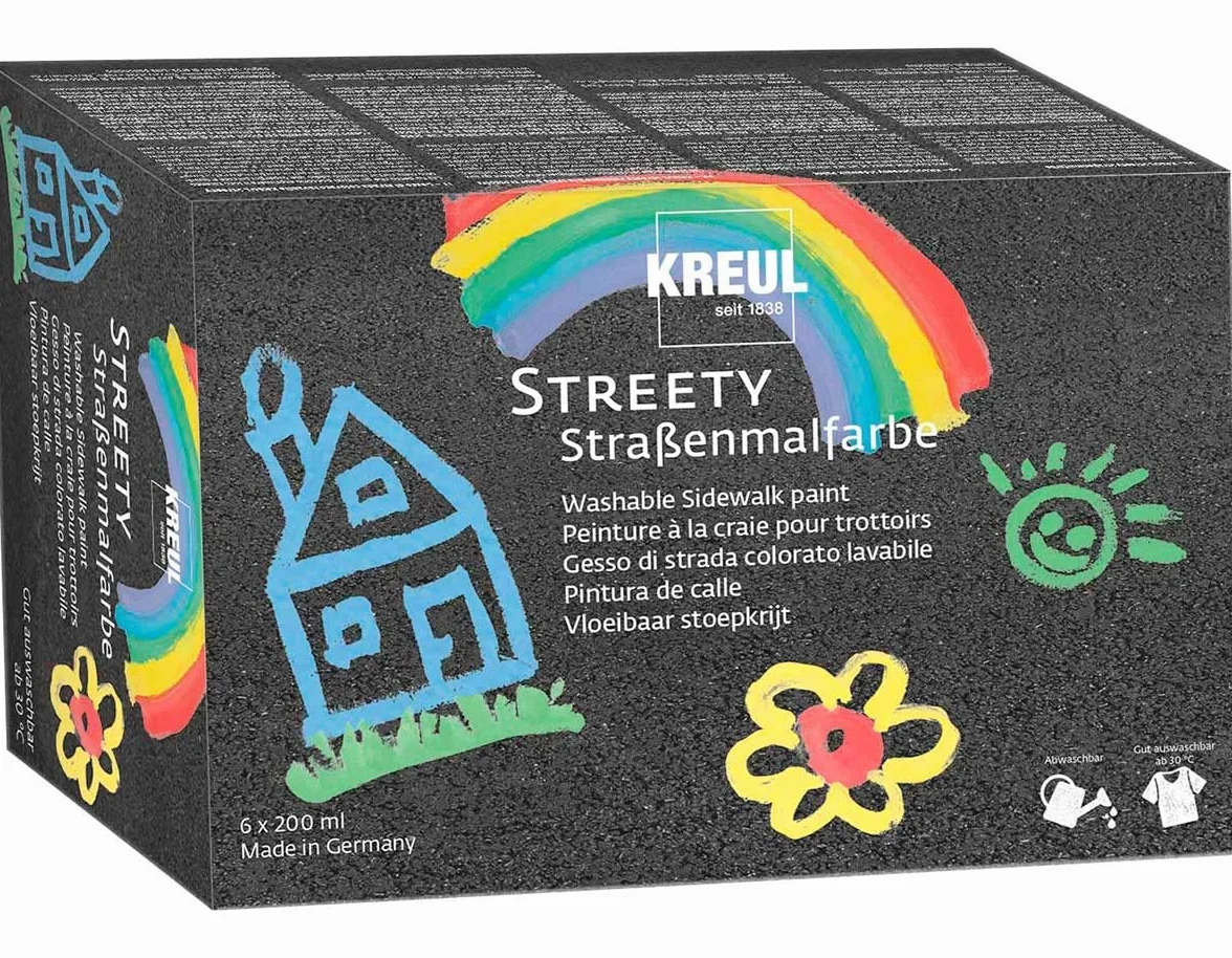 KREUL 43110 - Streety - Zestaw 6 x 200 ml pojemników z kredową farbą chodnikową, testowana dermatologicznie, wegańska farba w płynie, zmywalna, do stosowania pędzlem lub wałkiem