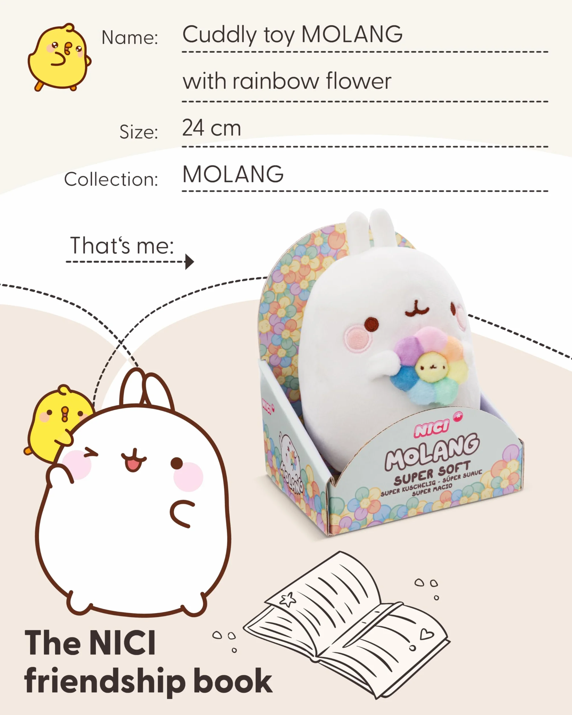 NICI MOLANG Pluszowy z kwiatem tęczy 24 cm w pudełku – miękka maskotka z pluszu, idealny prezent dla miłośników Molang | 61165