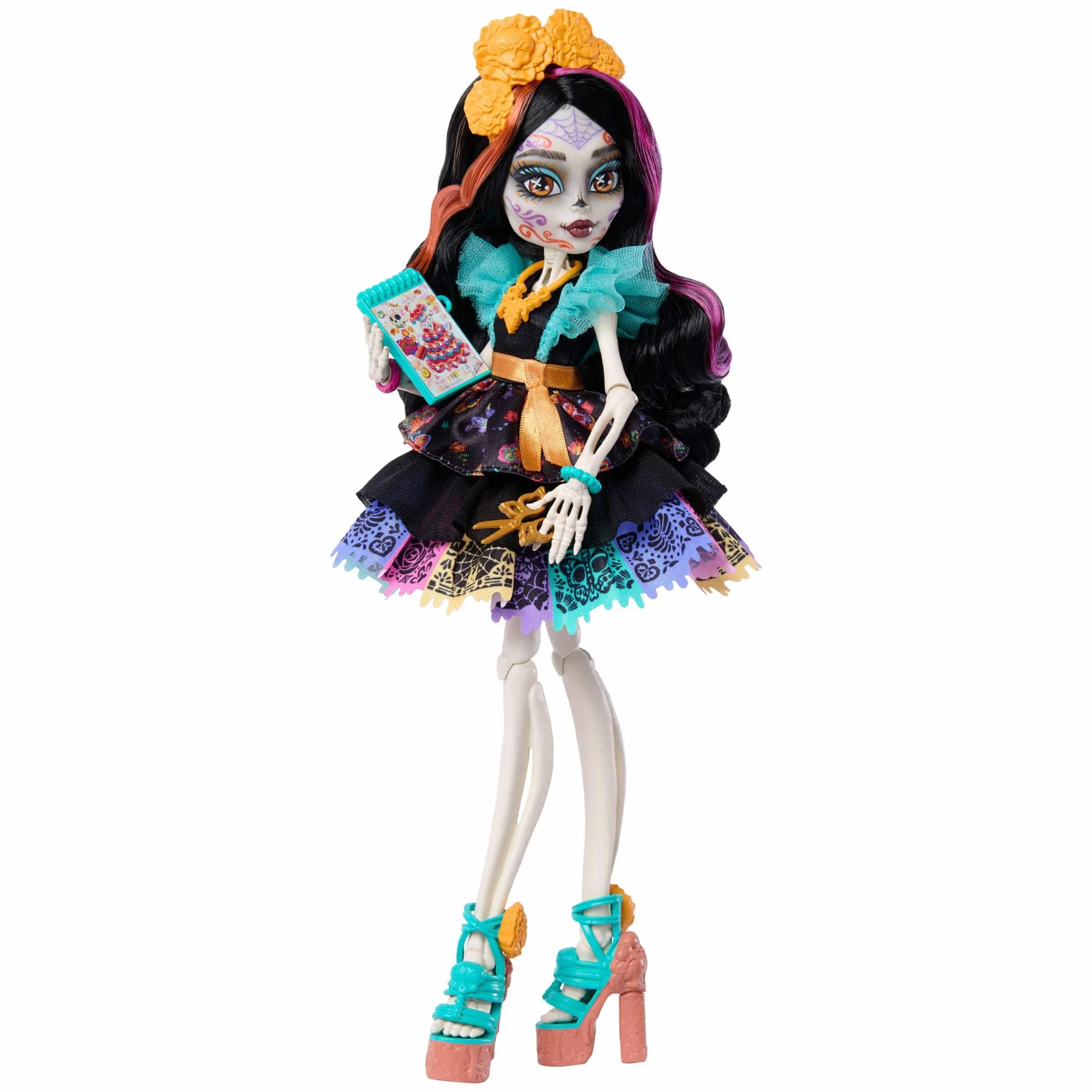 Monster High Skelita Calaveras Lalka + akcesoria, kolorowa sukienka inspirowana papel picado, piesek Candelita, 7 akcesoriów, w tym szkicownik, „przekąska” i torebka, zabawka dla dzieci 4+, JHK34