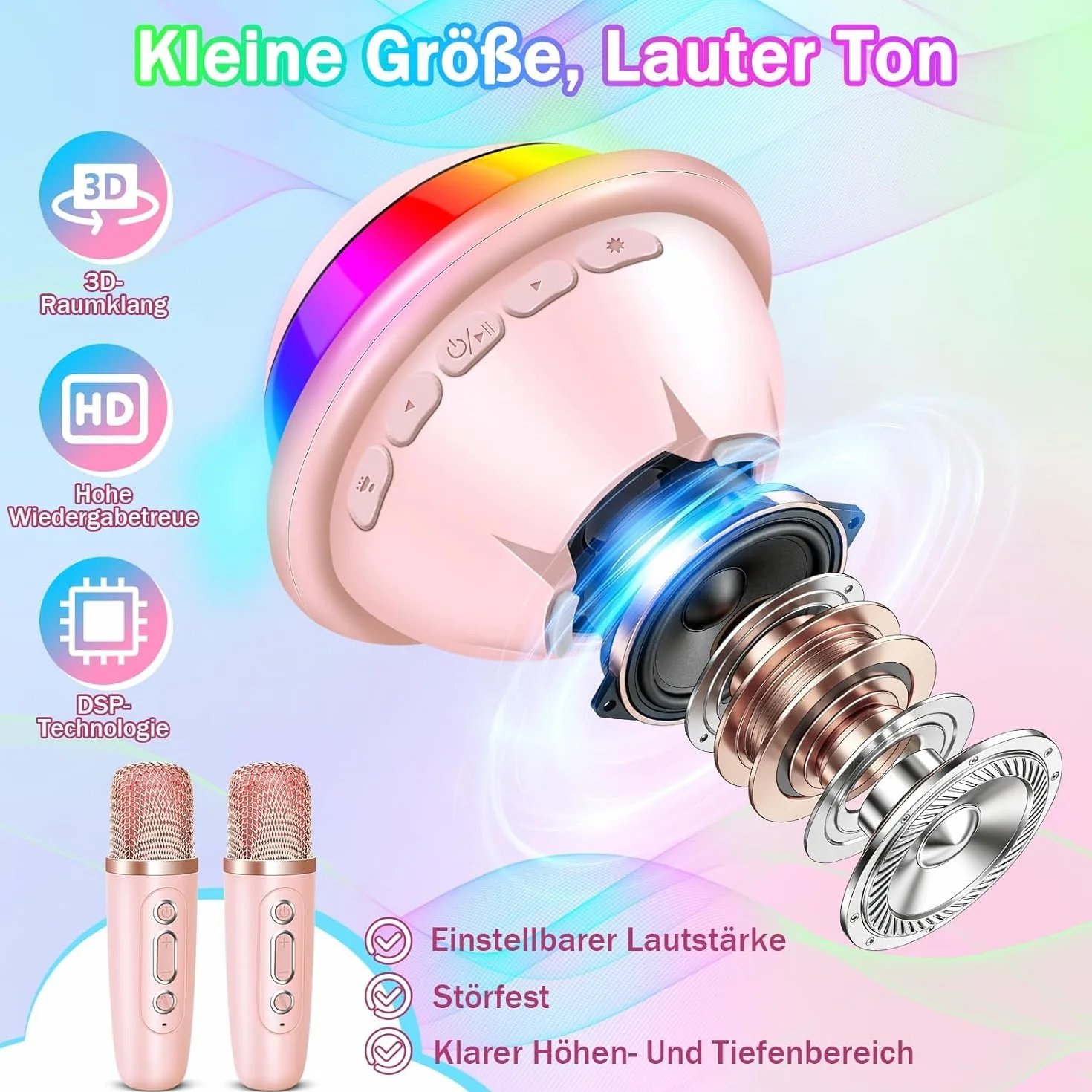JONRRYIN Zestaw do karaoke z 2 mikrofonami, przenośna maszyna do karaoke Bluetooth dla dzieci ze światłem dyskotekowym i 5 efektami dźwiękowymi, głośnik Bluetooth dla dzieci, muzyka, prezent na Boże
