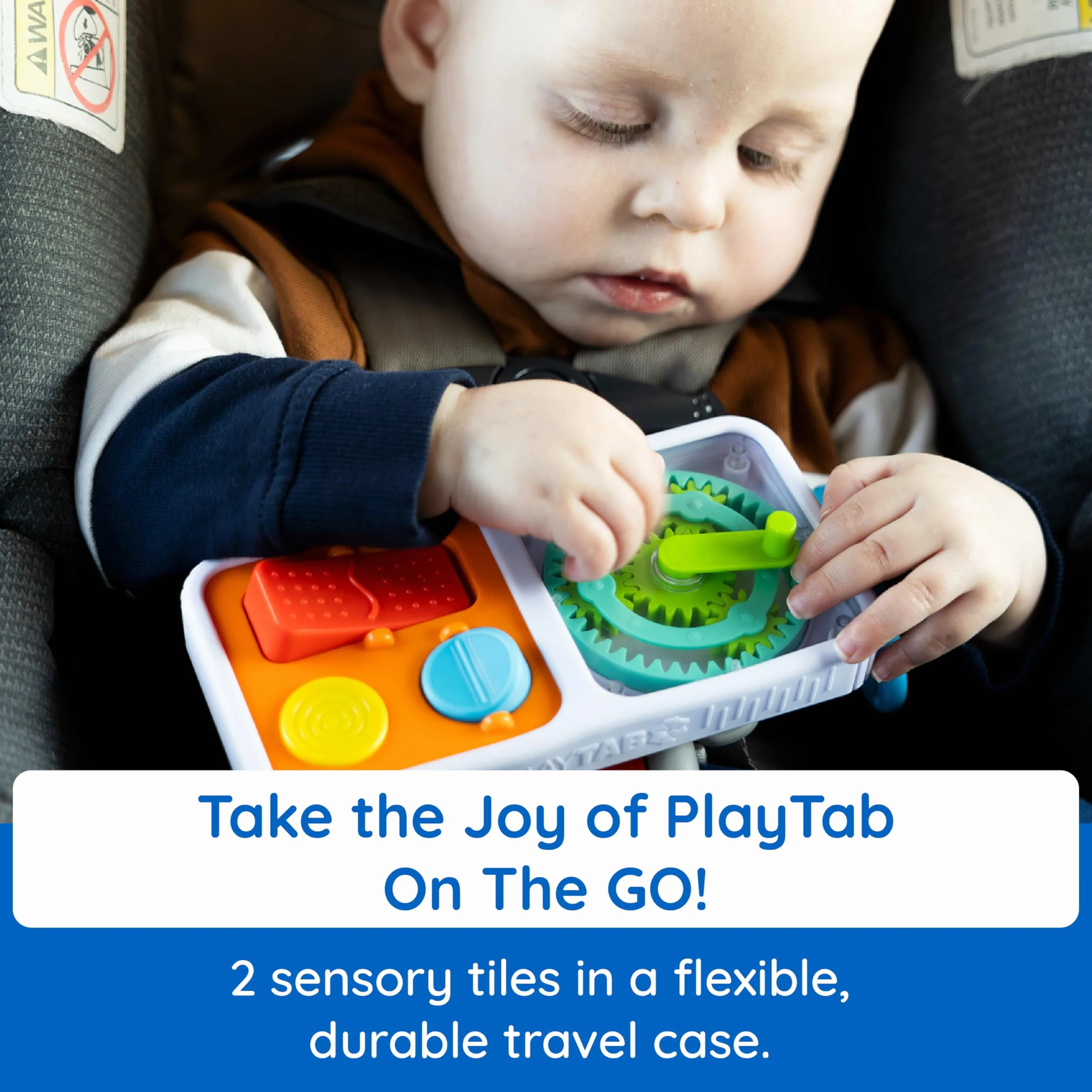 Fat Brain Toys PlayTab Go, przenośna deska do aktywności sensorycznej z klipsem do przymocowania do toreb na pieluszki dla niemowląt i małych dzieci w wieku od 12 miesięcy+