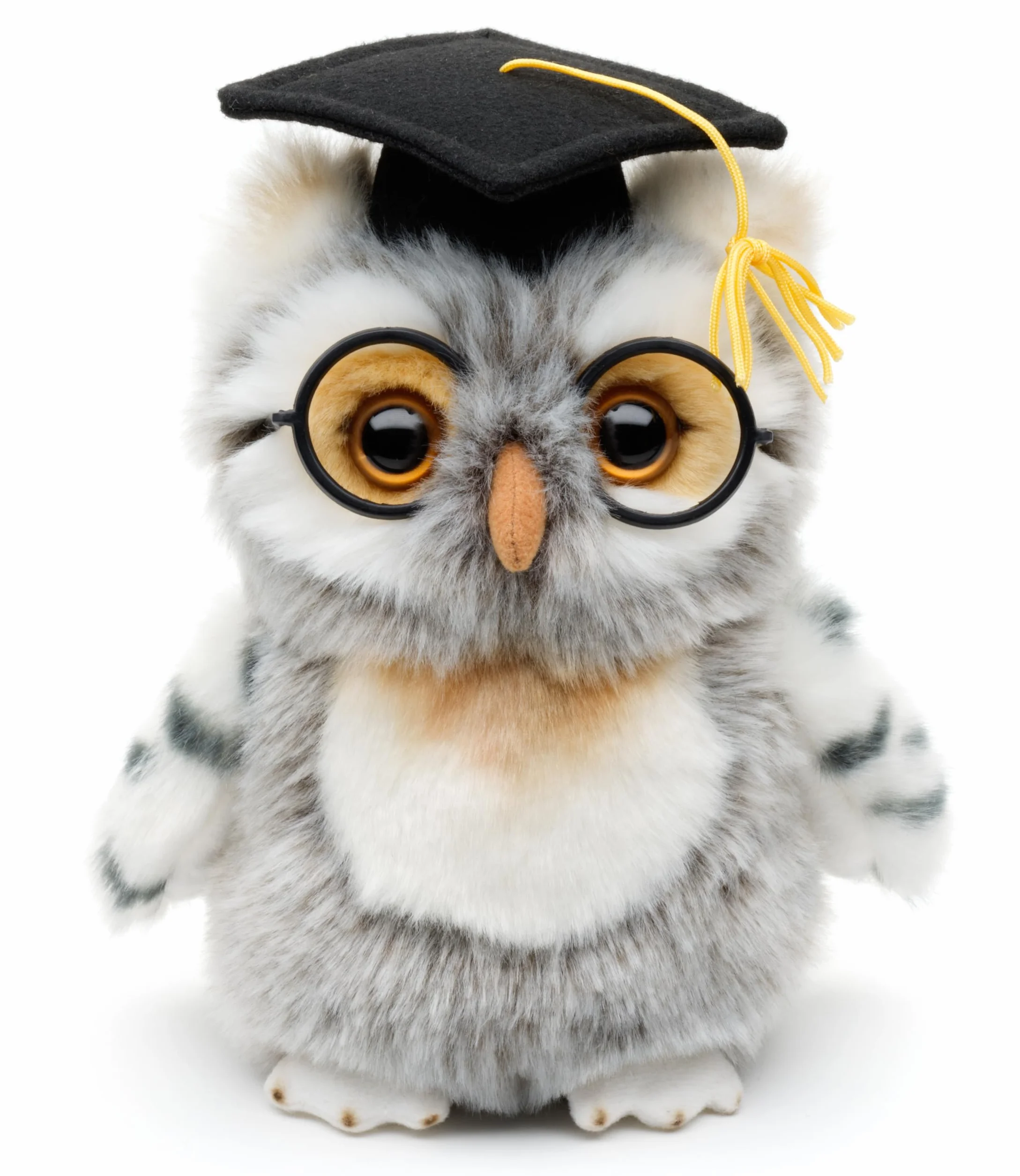 Uni-Toys - Sowa (szaro-biała) z kapeluszem lekarskim i okularami - 18 cm (wysokość) - pluszowy ptak - pluszowa zabawka, przytulanka