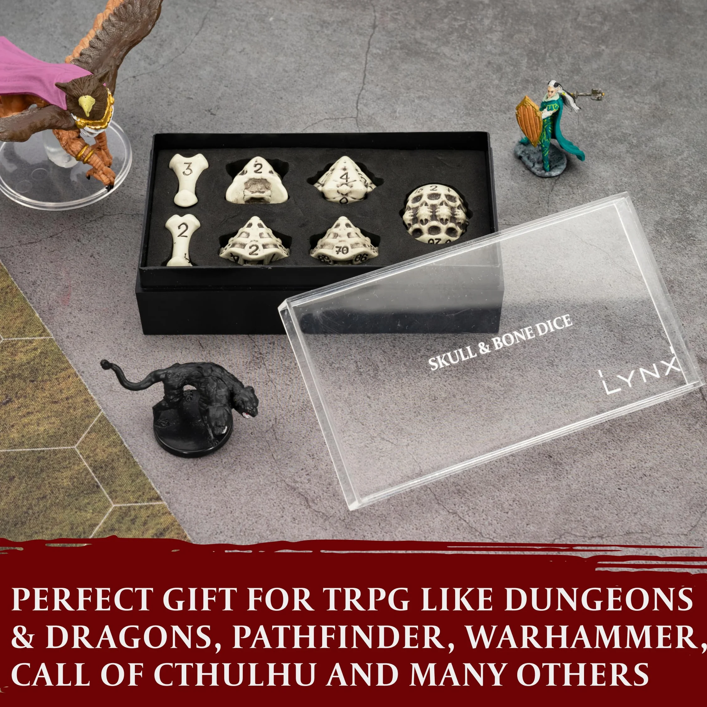 Zestaw Kości DND - Zestaw 7 Wielościennych Kości RPG Czaszka i Kości / Skull & Bone Dice Set - D20, D12,%D10, D10, D8, D6 i D4. Prezent dla Fanów Dungeons & Dragons, Pathfinder, D&D Akcesoria (Białe)