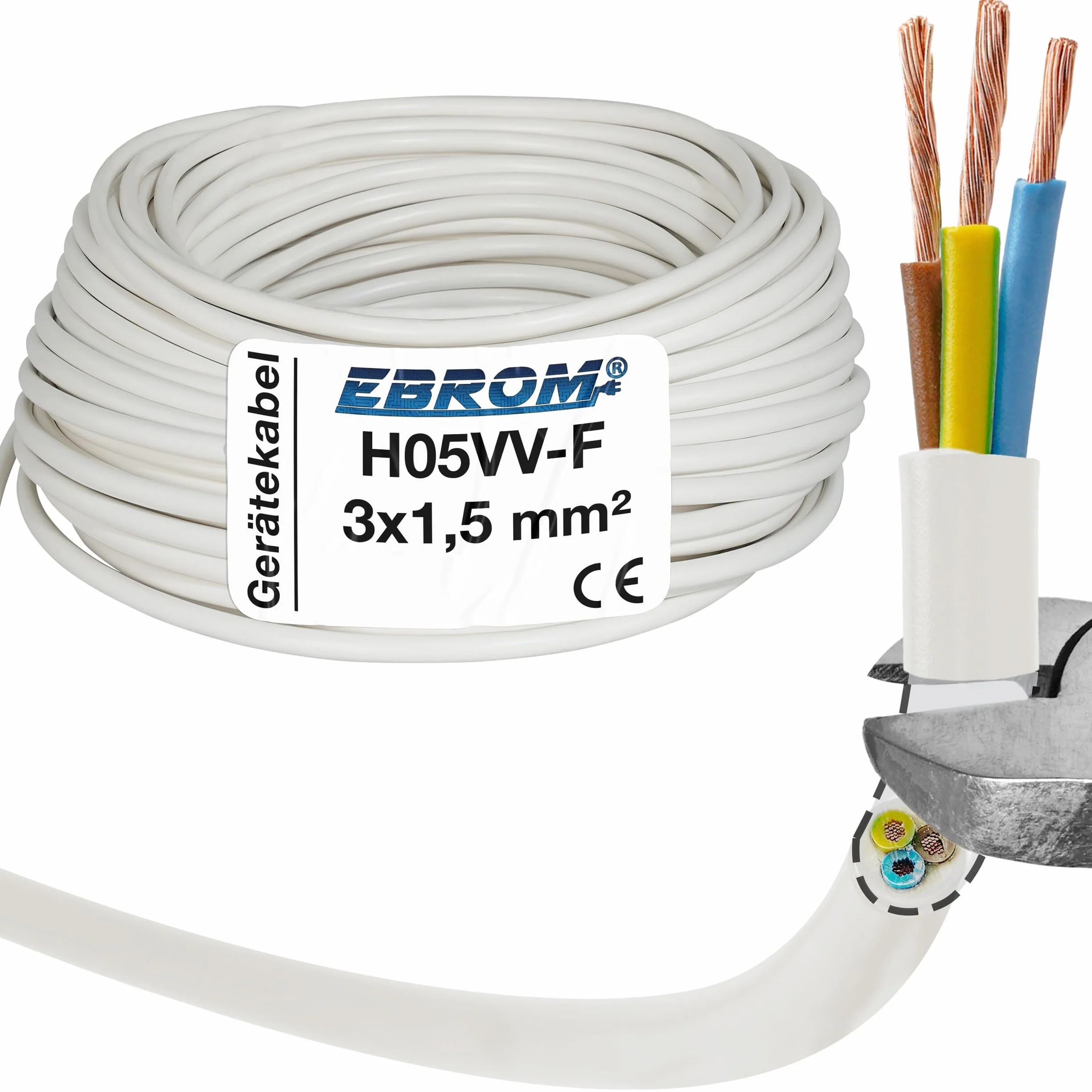 Elastyczny okrągły kabel z białego tworzywa sztucznego H05VV-F 3 x 1,5 mm² Do wyboru 5, 10, 15, 20, 25, 30, 35, 40, 45, 50, 55, 60 m i tak dalej do 100 m na przedział 5 m