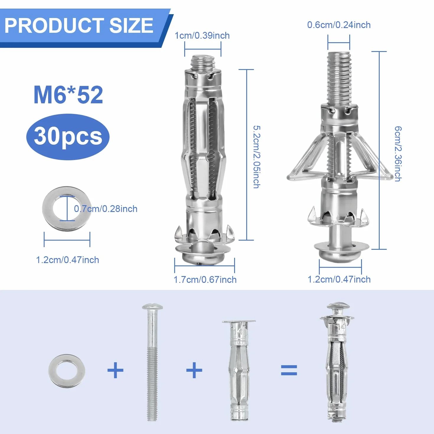 30 sztuk kołków rozporowych ze stali węglowej Typ Petal śruby ocynkowane zestaw kołków rozporowych M6 x 52 mm kołki rozporowe bardzo mocne kołki ścienne metalowe do ścian, ścian i płyt drewnianych,