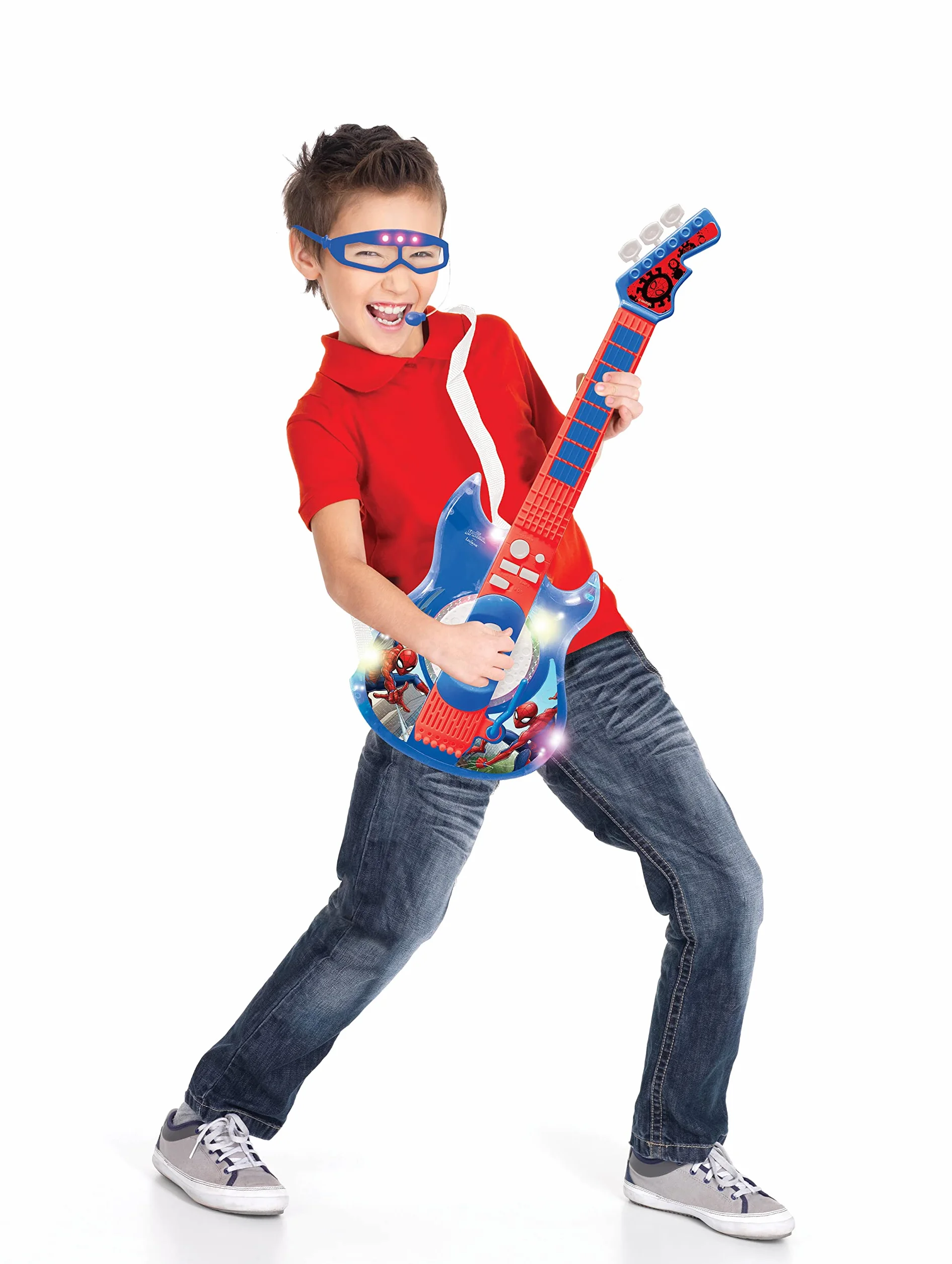 Lexibook K260SP Spider-Man Elektroniczna Gitara Oświetleniowa z Mikrofonem, Okulary z Mikrofonem, Utwory Demonstracyjne, 2 Tryby Gry, Wtyczka Mp3, Niebieski, Czerwony