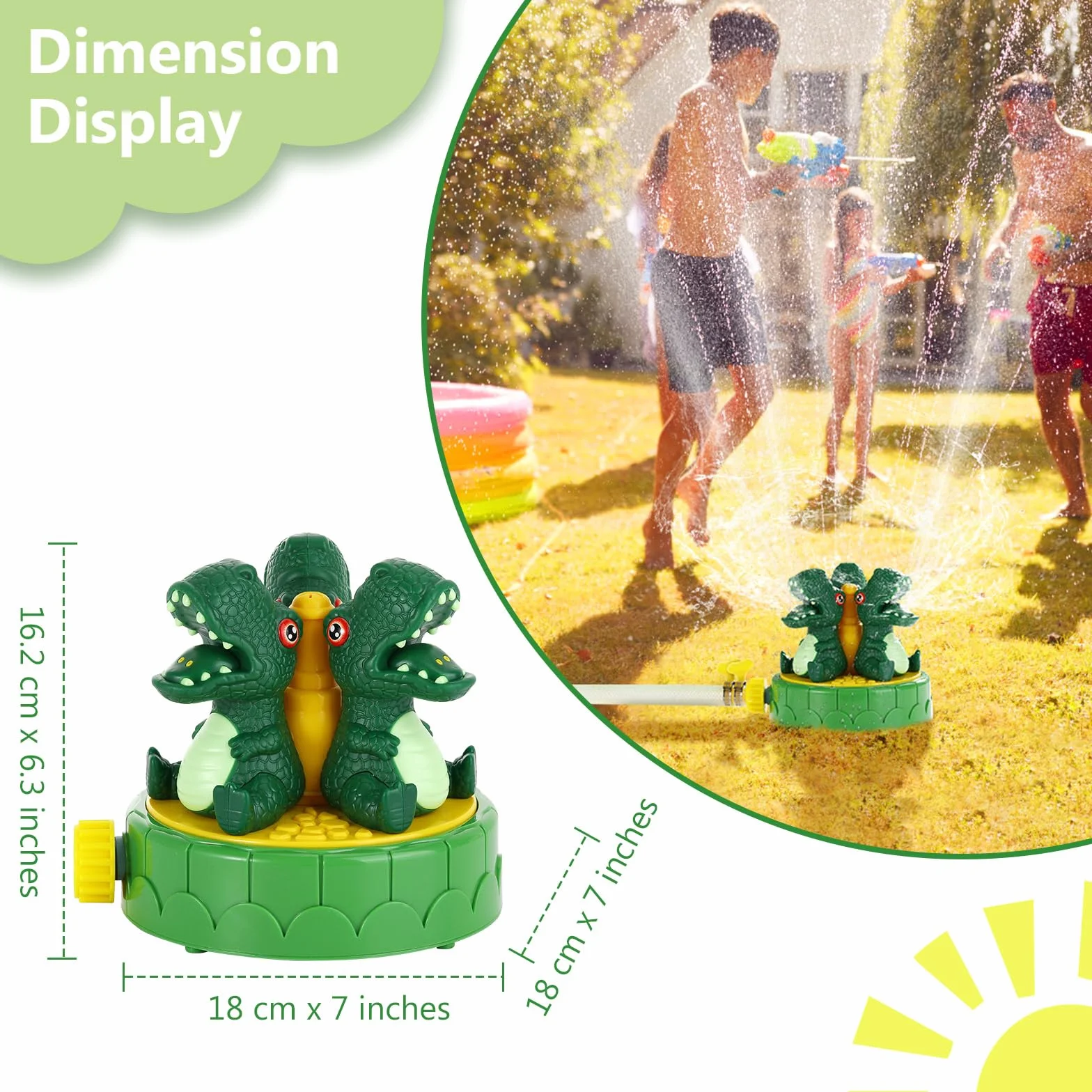 MoKo Dinosaur Sprinkler for Kids, Outdoor Water Toy Spray with 2 Hose Clamps 3 Nozzles, Summer Play for Backyard Lawn