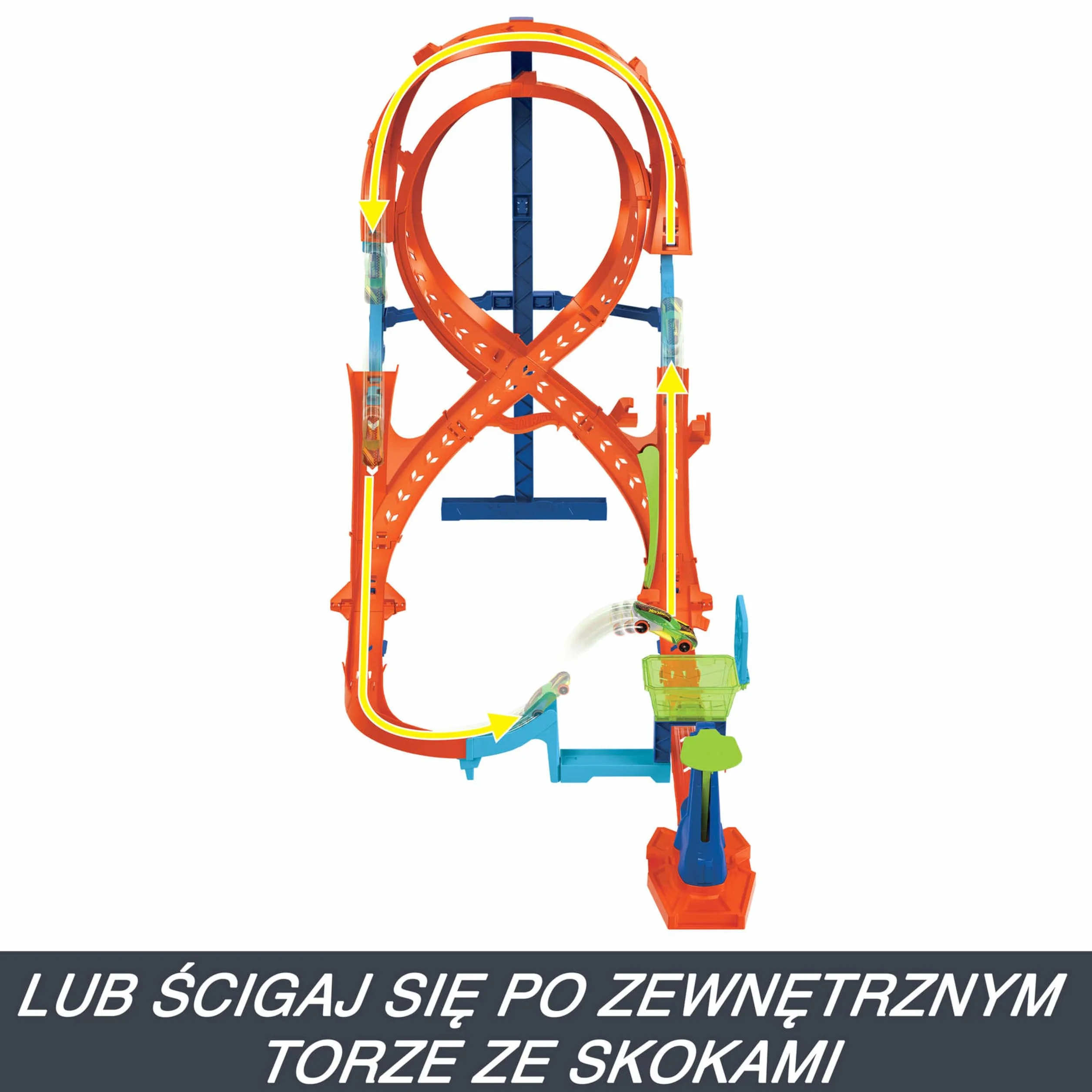 Hot Wheels Pionowy tor Ósemka Zestaw z 1 pojazdem Hot Wheels i torem w kształcie ósemki do wyścigów i popisów kaskaderskich, łączy się z innymi zestawami, łatwe przechowywanie dzięki składaniu, HMB15