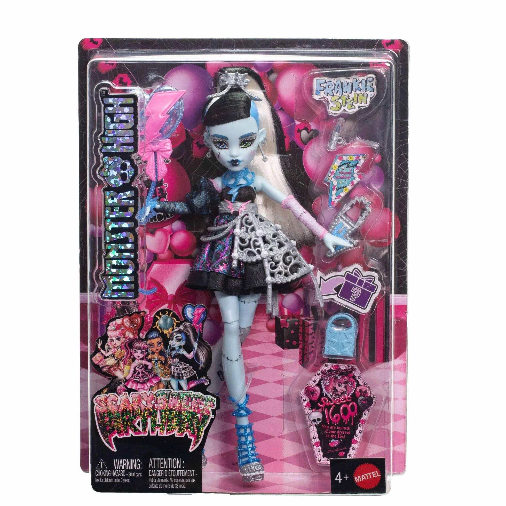 Monster High Straszysłodkie urodziny Frankie Stein Lalka zabawka w czarnej sukience z akcesoriami tematycznymi, w tym zaproszenie, „balon”, prezent i „szminka”, JBG75