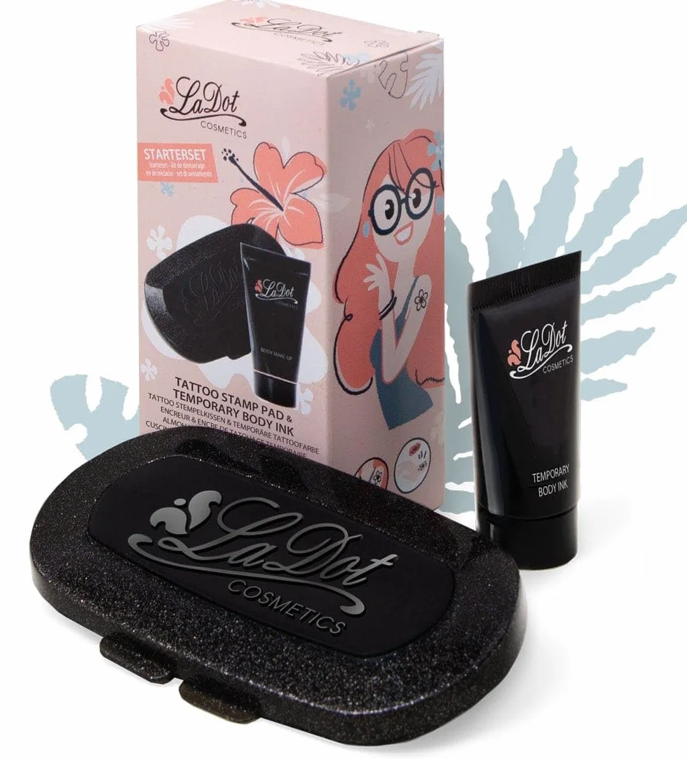 LaDot Tattoo Starter Set - kolor czarny z certyfikatem i pieczątką dla dzieci i dorosłych, tymczasowe sztuczne tatuaże przyjazne dla skóry, tusz do tatuażu na ciało i ramię, wodoodporny, 15 ml