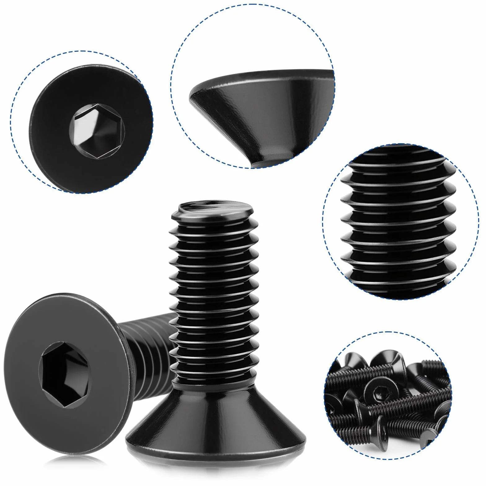 60 sztuk śrub M3x6 mm z łbem wpuszczanym ze stali nierdzewnej A2 V2A z gniazdem imbusowym śruby DIN 7991/ISO 10642 z płaskim łbem śruby z pełnym gwintem śruby z łbem wpuszczanym w kolorze czarnym do