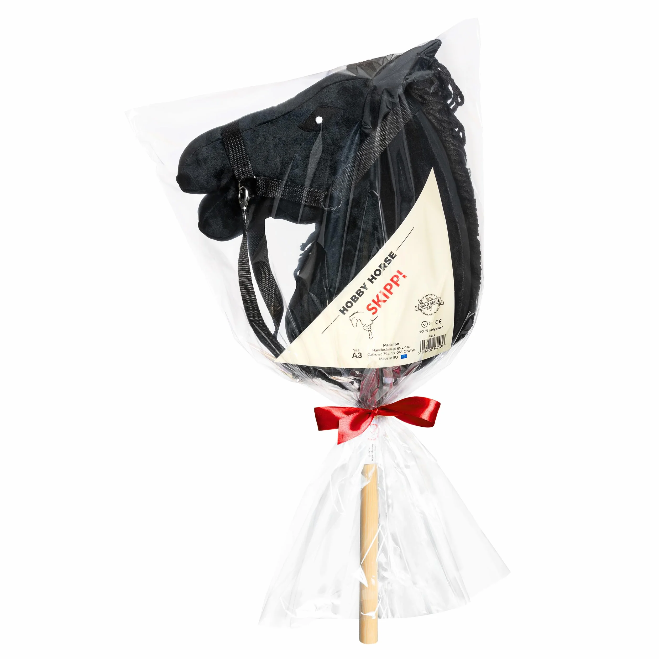 SKIPPI Hobby Horse, Czarny Koń na Kiju, Konik na Patyku, Duży A3, Kantar i Wodze w Zestawie, Hobby Horsing, prezent dla Dziewczynki, dla Dziecka