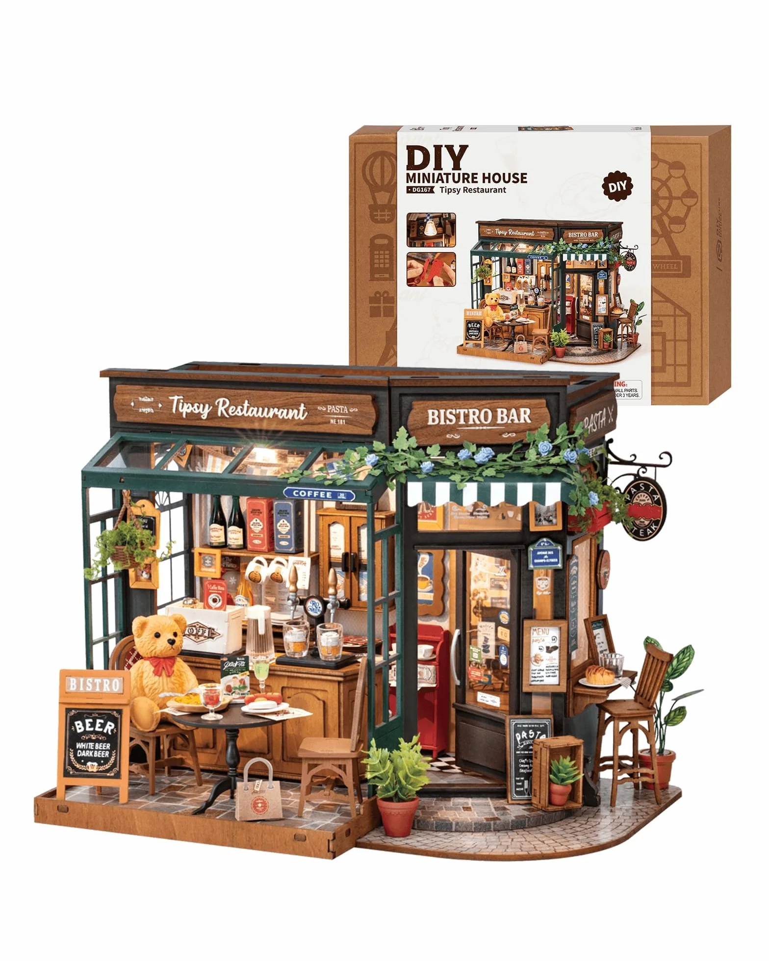 ROWOOD Zestaw domku dla lalek, Tipsy Restaurant, DIY miniaturowy dom rzemieślniczy pokój budowlany, drewniane zestawy modeli z akcesoriami dla dorosłych i nastolatków do budowania, wyjątkowy prezent