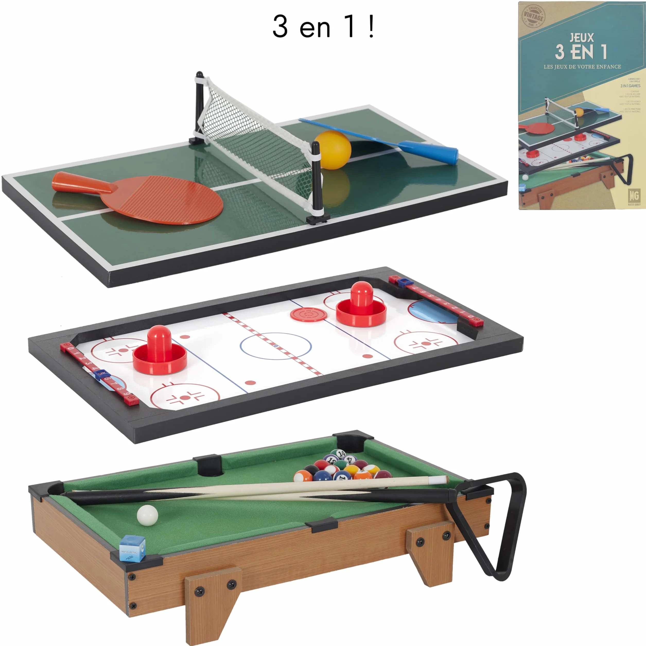 MISTER GADGET MG3487 Stół do gry 3 w 1 Bilard Tenis stołowy Cymbergaj Brązowy Zielony