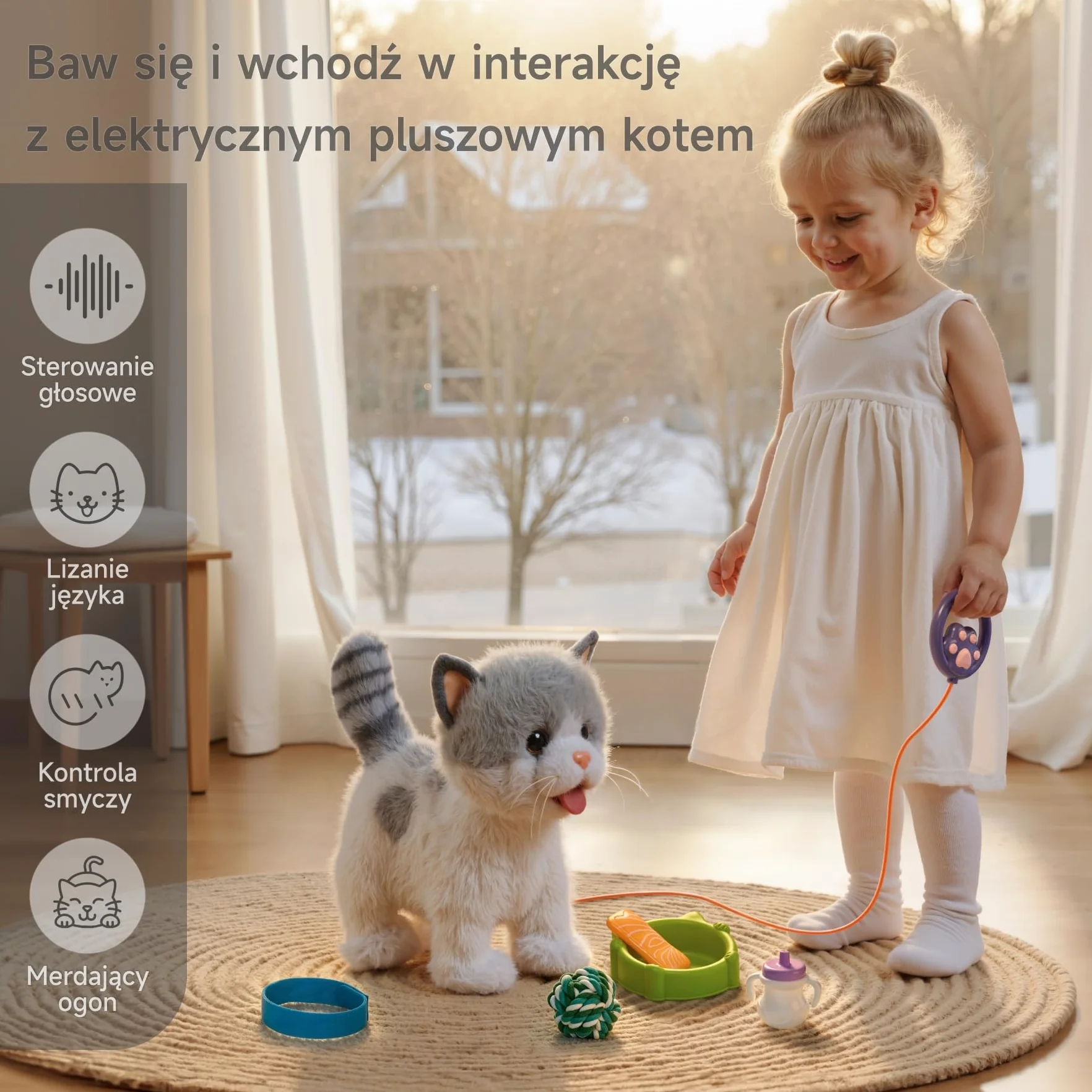 OR OR TU Chodzący kotek dla dzieci, pluszowy kot interaktywny zabawka dla dziewczynek i chłopców 3-7 lat
