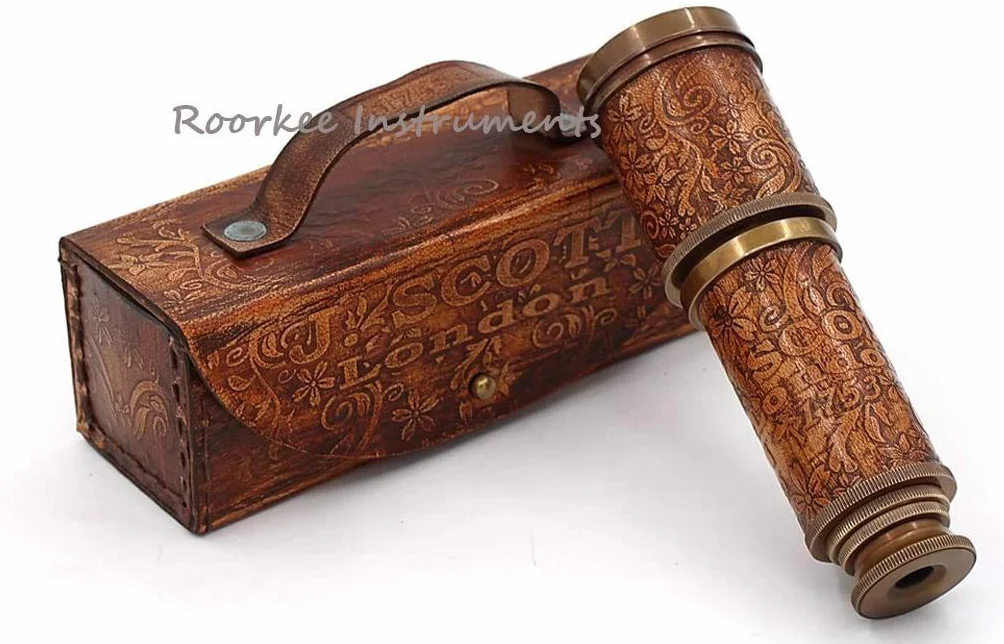 Roorkee Instruments (Indie) stempel pirat mosiądz Spyglass teleskop ze skórzaną torbą/marynarzami, dekoracja domu, pirat, kapitan, łódź, zabawka, prezent (35,6 cm, J. Scott)