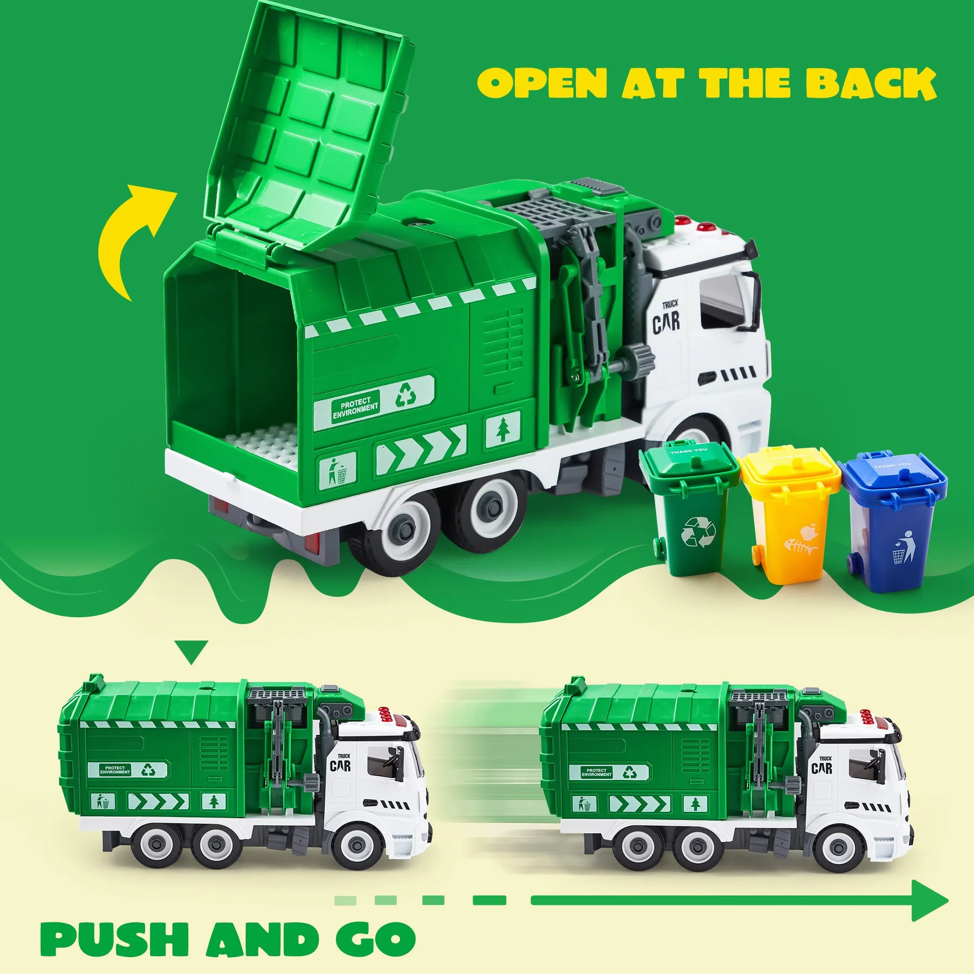 Rozkłada śmieciarka Joyin Jumbo, napędzana tarciem, recykling, zabawka z oświetleniem i dźwiękami, 3 kosze na śmieci, śrubokręty, zabawka, do samodzielnego montażu