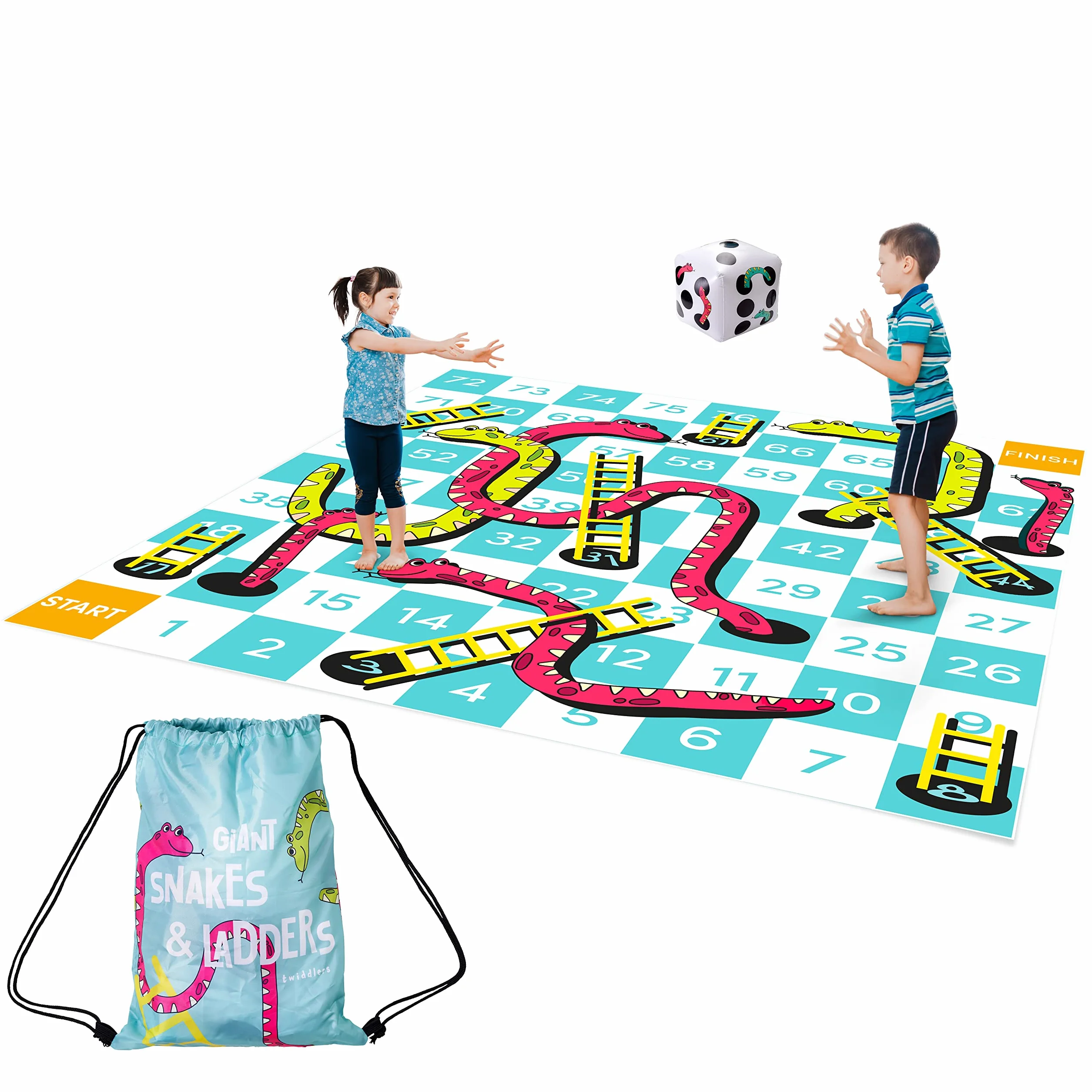 THE TWIDDLERS Giant Snakes and Ladders Garden Game, 3 x 3 m, wodoodporna mata podłogowa z PCW z nadmuchiwanymi kostkami i torbą do przechowywania na imprezy rodzinne, do szkoły i zabawy na świeżym