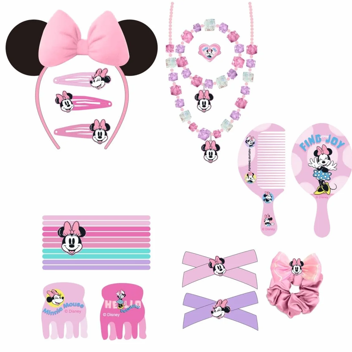 Zestaw urody Myszki Minnie - zawiera 1 tasiemkę do włosów, 10 opasek do włosów, 2 pęsety, 3 spinki do włosów, 2 pędzle, 1 opaskę, 1 naszyjnik, 1 bransoletkę i 1 pierścionek - oryginalny produkt