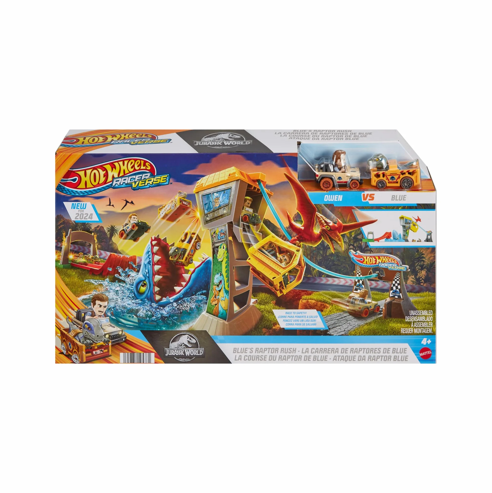 Hot Wheels RacerVerse Jurassic World Kolejka linowa Blue Zestaw z torem i 2 metalowymi pojazdami inspirowanymi Blue i Owenem, HTP12
