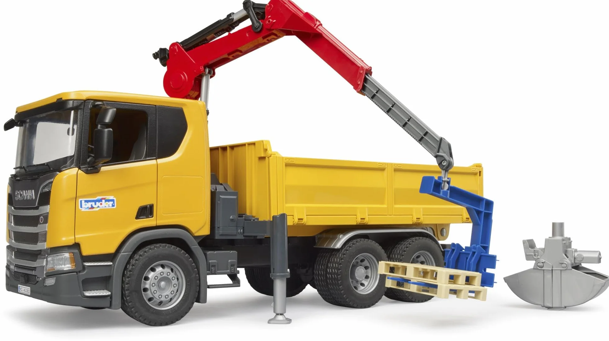 bruder 03551 - Scania Super 560R ci|arówka budowlana z dzwigiem i 2 paletami, pojazdy, pojazd budowlany, ci|arówka z dzwigiem, ci|arówka, zabawki od 4 lat