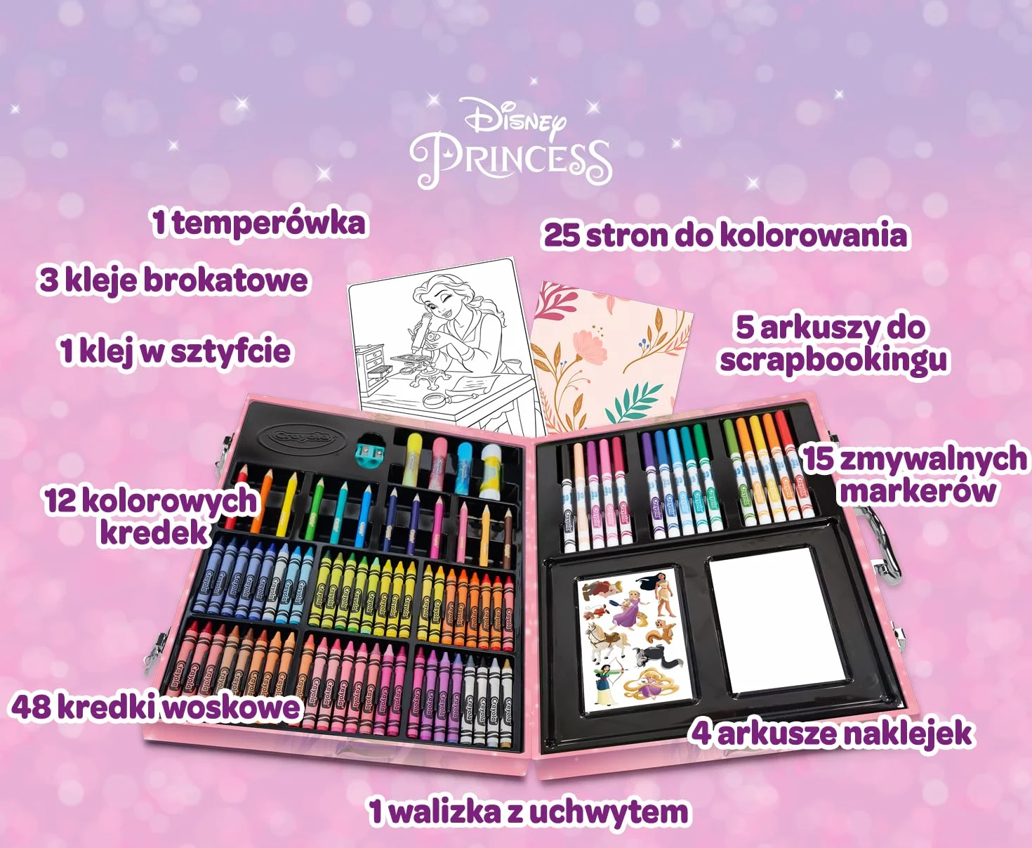 CRAYOLA Aktówka artysty księżniczki Disney 115 sztuk dla dzieci 4+