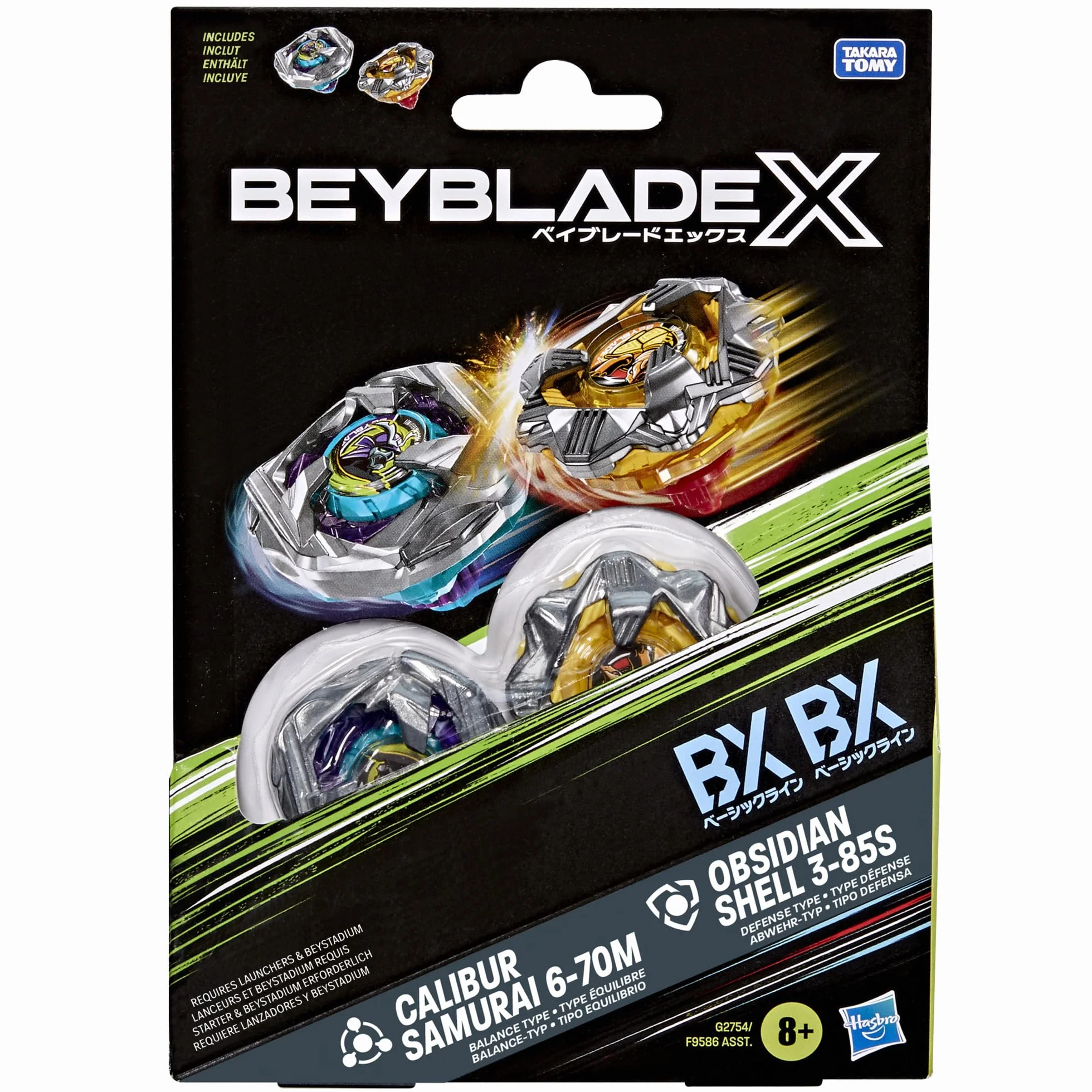 Dwupak bączków Beyblade X Calibur Samurai 6-70M BX i Obsidian Shell 3-85S BX