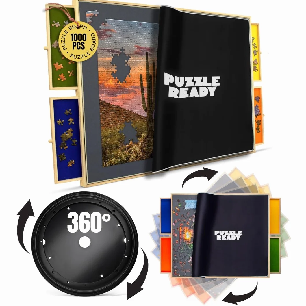 Gotowa do użycia deska z kolorowymi szufladami i matą na okładkę drewnianą deskę do puzzli 24" X 30" Puzzle 1000/1500 elementów Przenośny organizer do puzzli (1000)