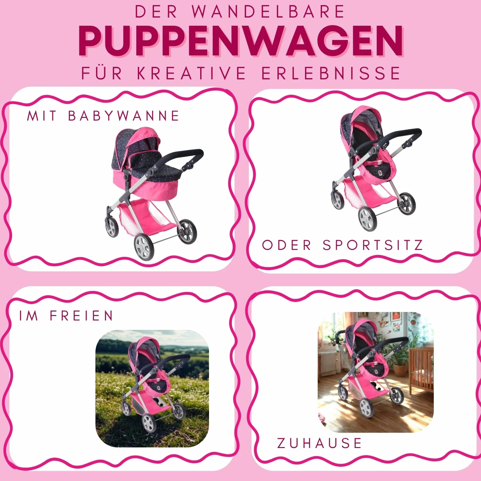 Bayer Chic 2000 2 w 1 wózek dla lalek Mila – dżinsy różowe – uchwyt z regulacją wysokości 39-72 cm – nowoczesny stelaż – lalki do 50 cm – 3-7 J.
