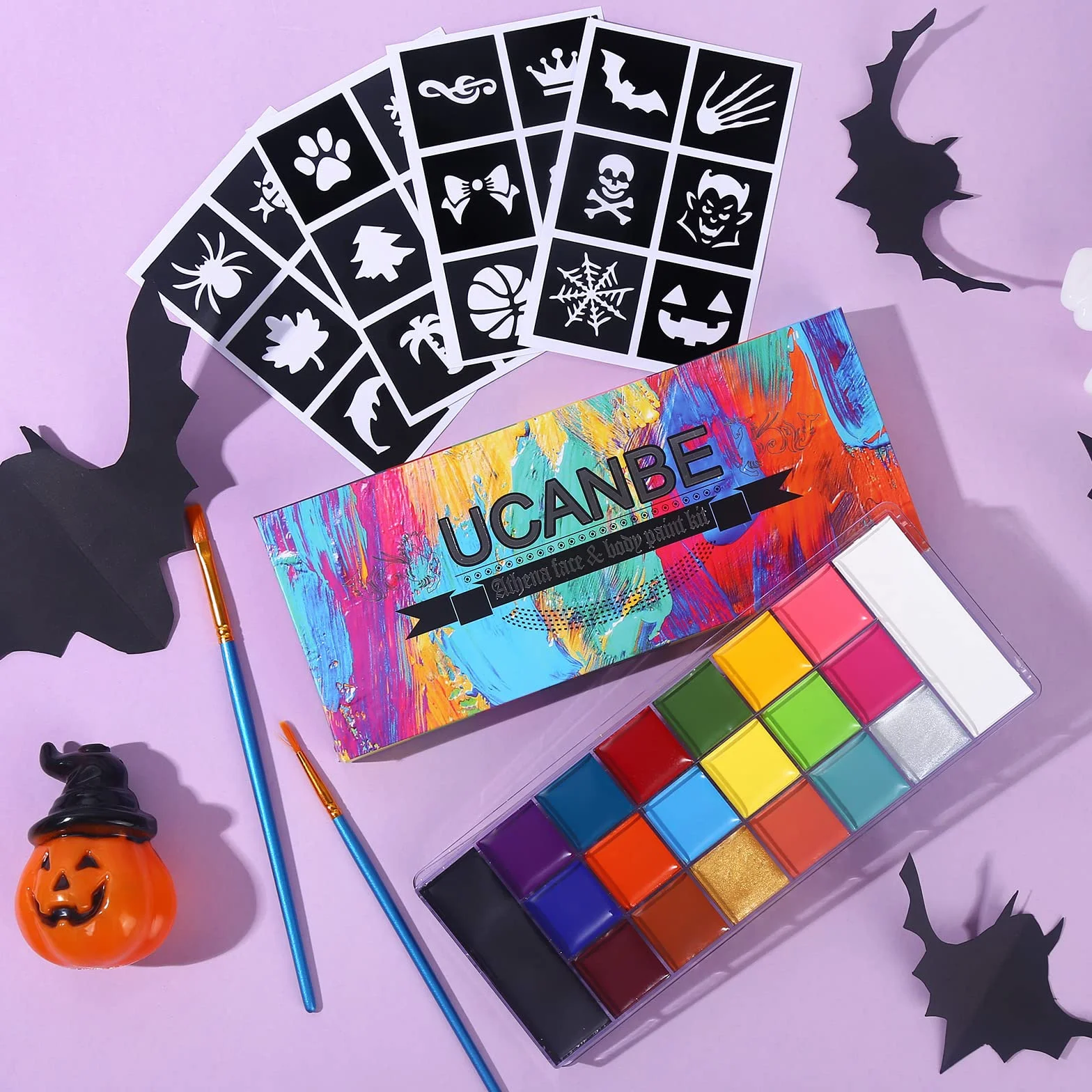 UCANBE Athena Face Paint 20 kolorów z 24 szablonami i 2 pędzlami, athena Face Paint wysokie odwzorowanie kolorów, farba do twarzy na Halloween, do makijażu teatralnego, malowania brzucha, makijażu na